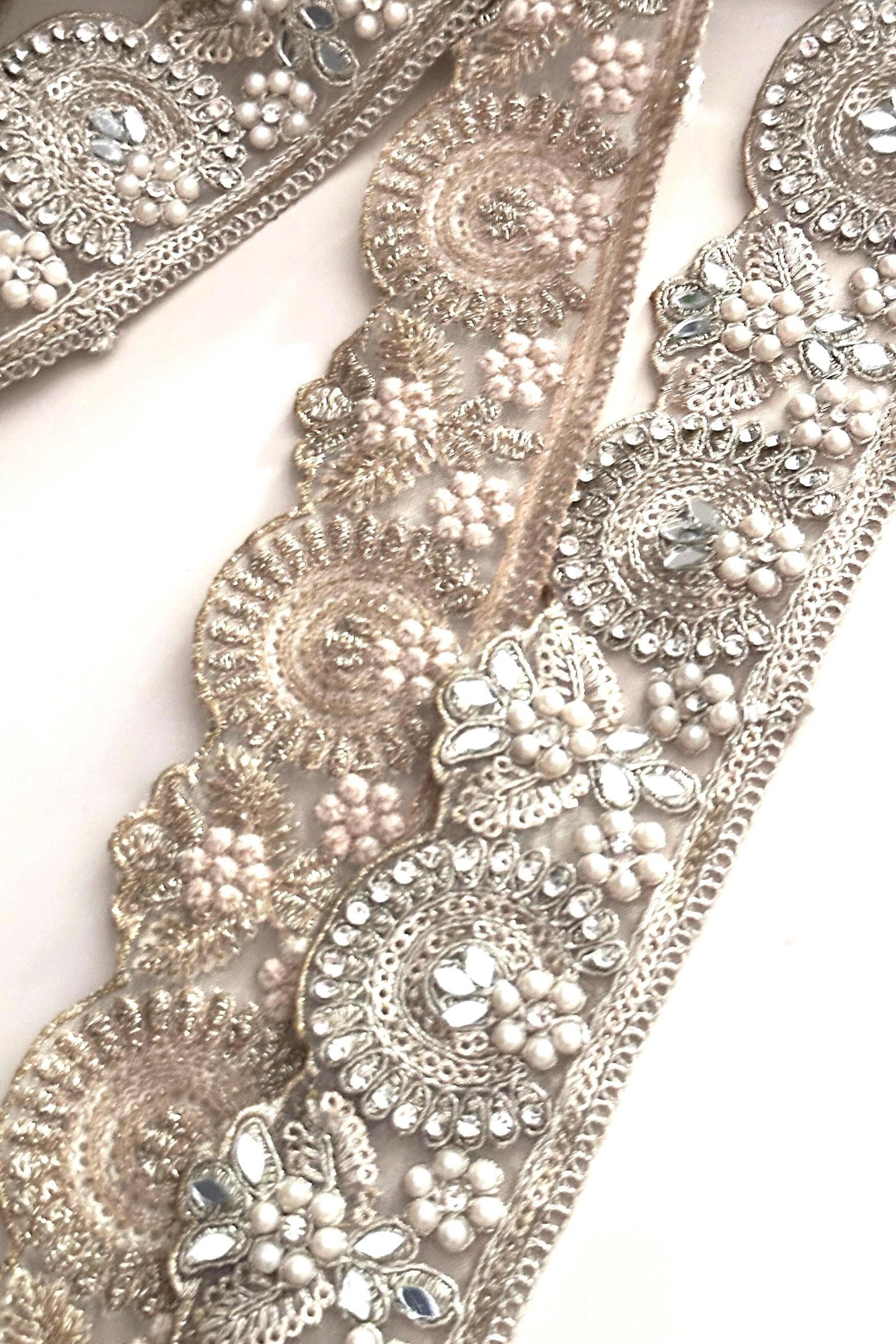 Luxury Light Pearl Zircon Embroidery Sari Border Edging Trim Wedding Dress Lace