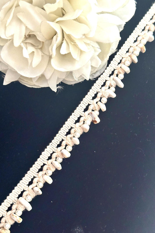 Boho Pearl Tassel Ribbon White