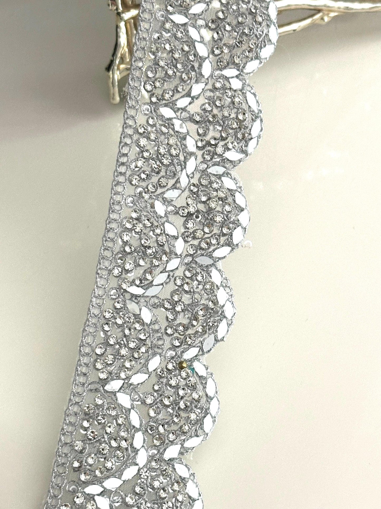 Zircon and Mirror Indian Trim Embellished Metallic Silver Sari trim