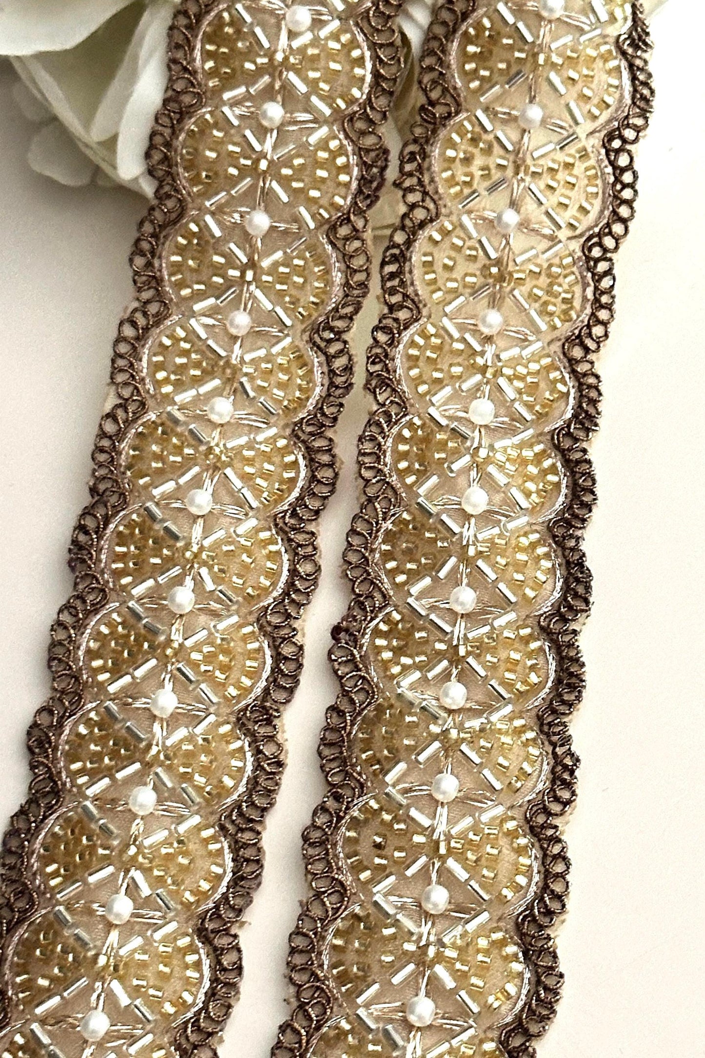 Glass Bead Pearl Embellished 4cm Bridal Lace Trim Indian Embroidered Band