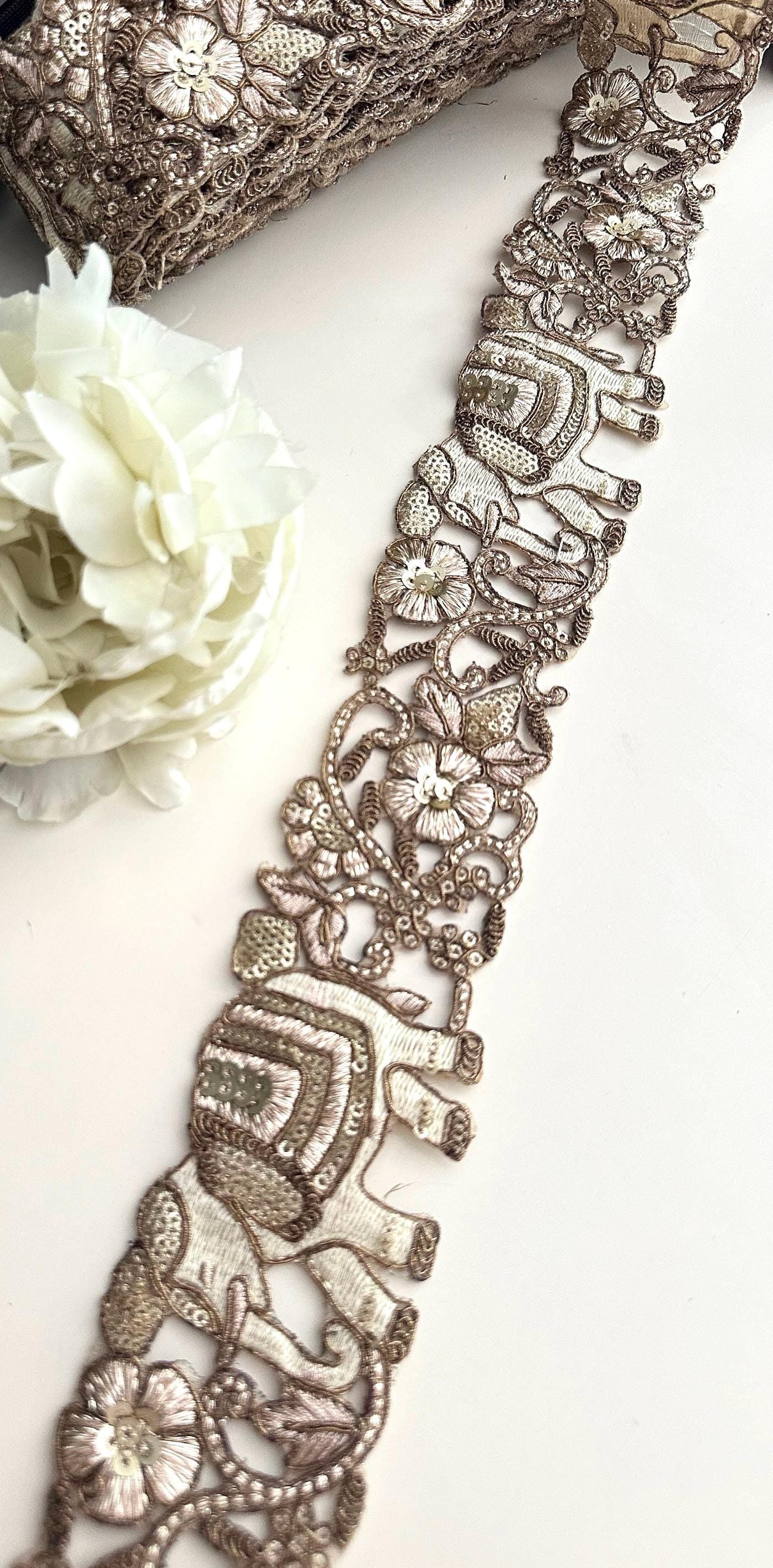 5.5cm Indian Traditional Elephant Embroidered Zari Lace Indian Motif Sari Border Trim