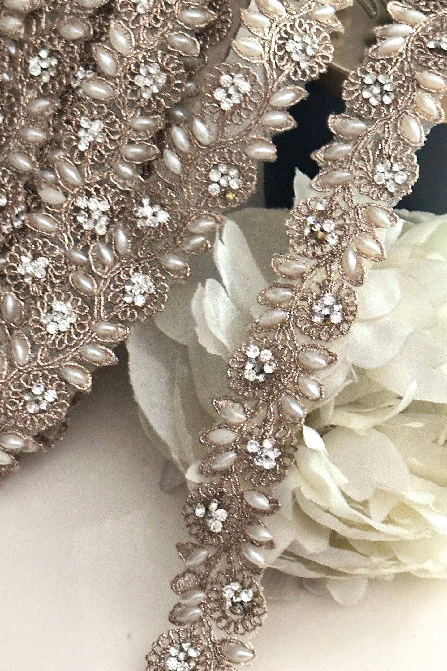 Rose Gold Pearl Crystal Embroidered Lace Pearl Embroidered Band Zari Embellish