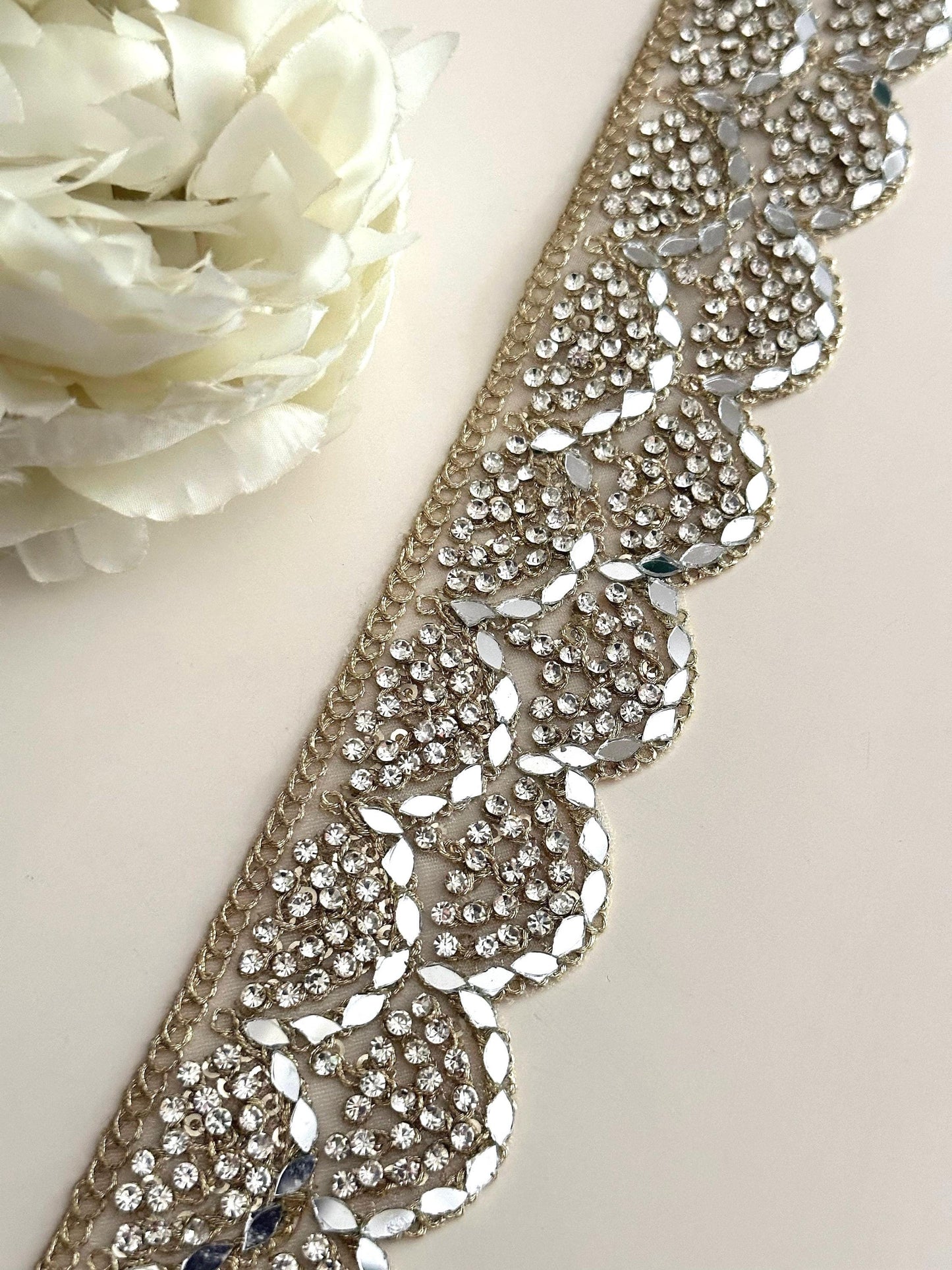 5cm Zircon and Mirror Embellished Metallic Silver saree trim Indian Dupatta Lace