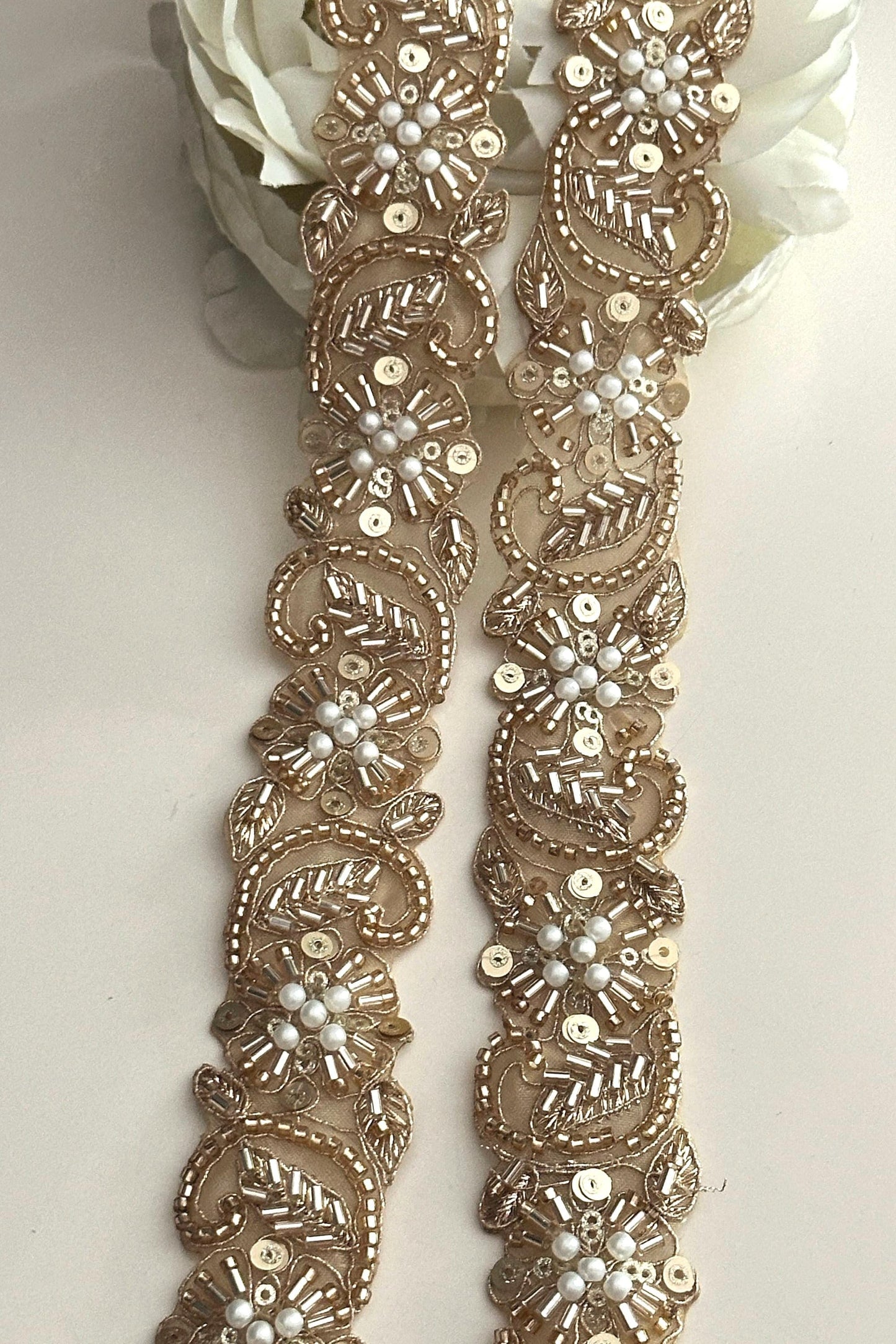 Gold Glass Bead Pearl 3cm Embellished Bridal Lace Crafting Cushion Trim