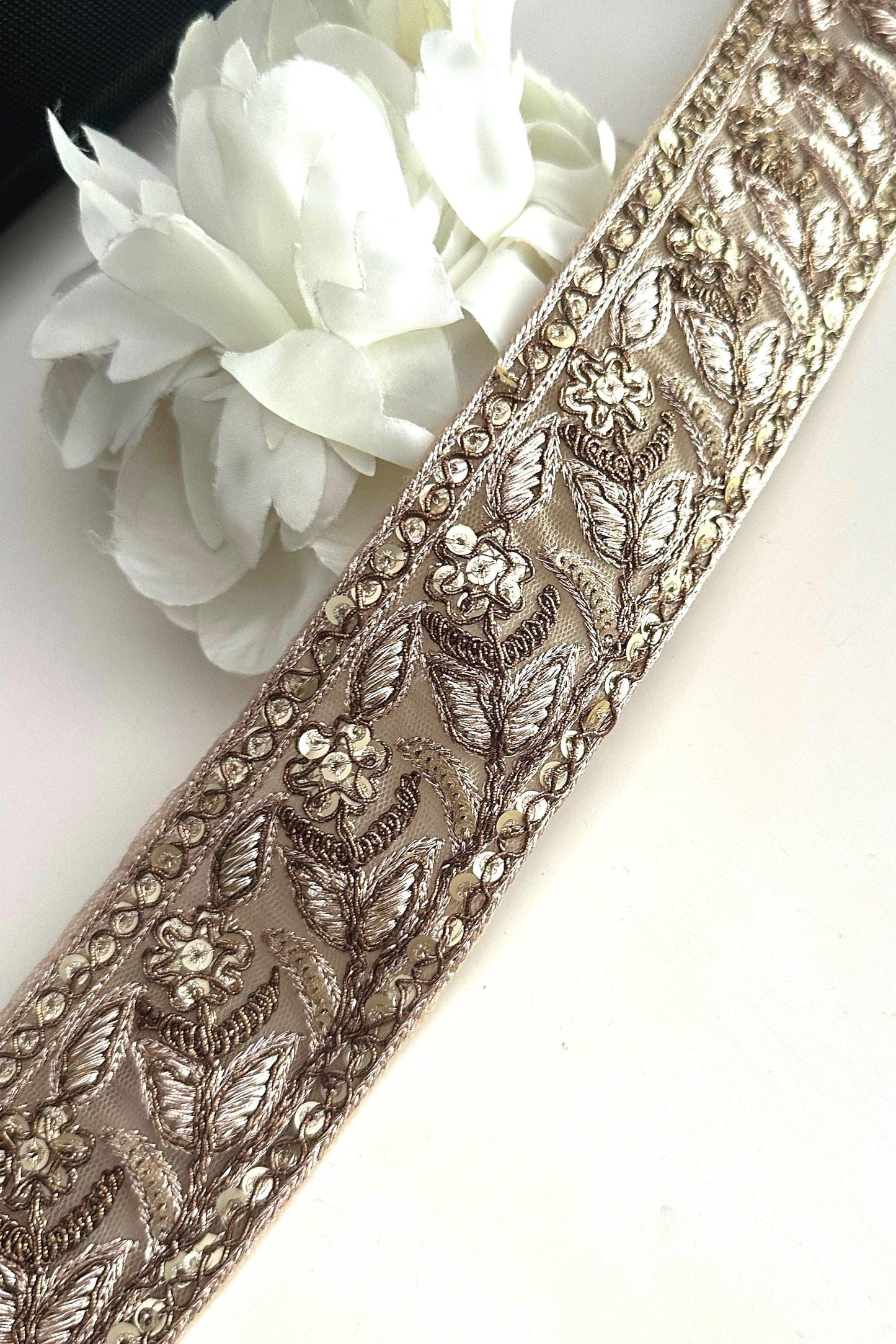 Antique Gold Flower Zari Embroidery & Sequin Embossed Trim Traditional Indian Ribbon