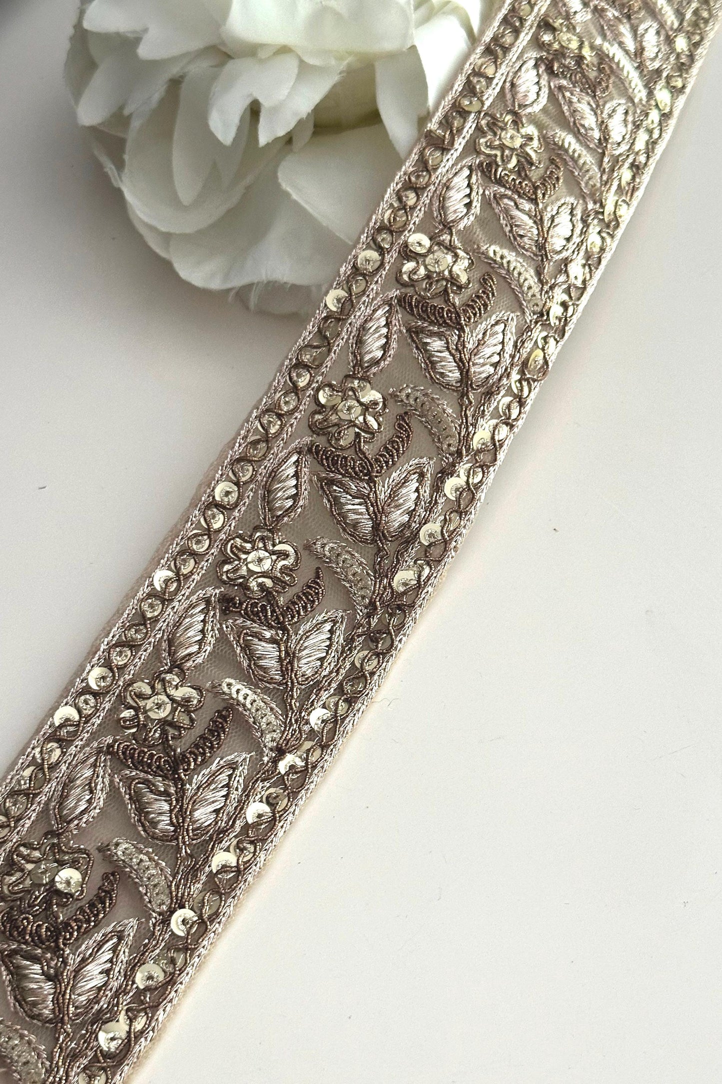 Antique Gold Flower Zari Embroidery & Sequin Embossed Trim Traditional Indian Ribbon
