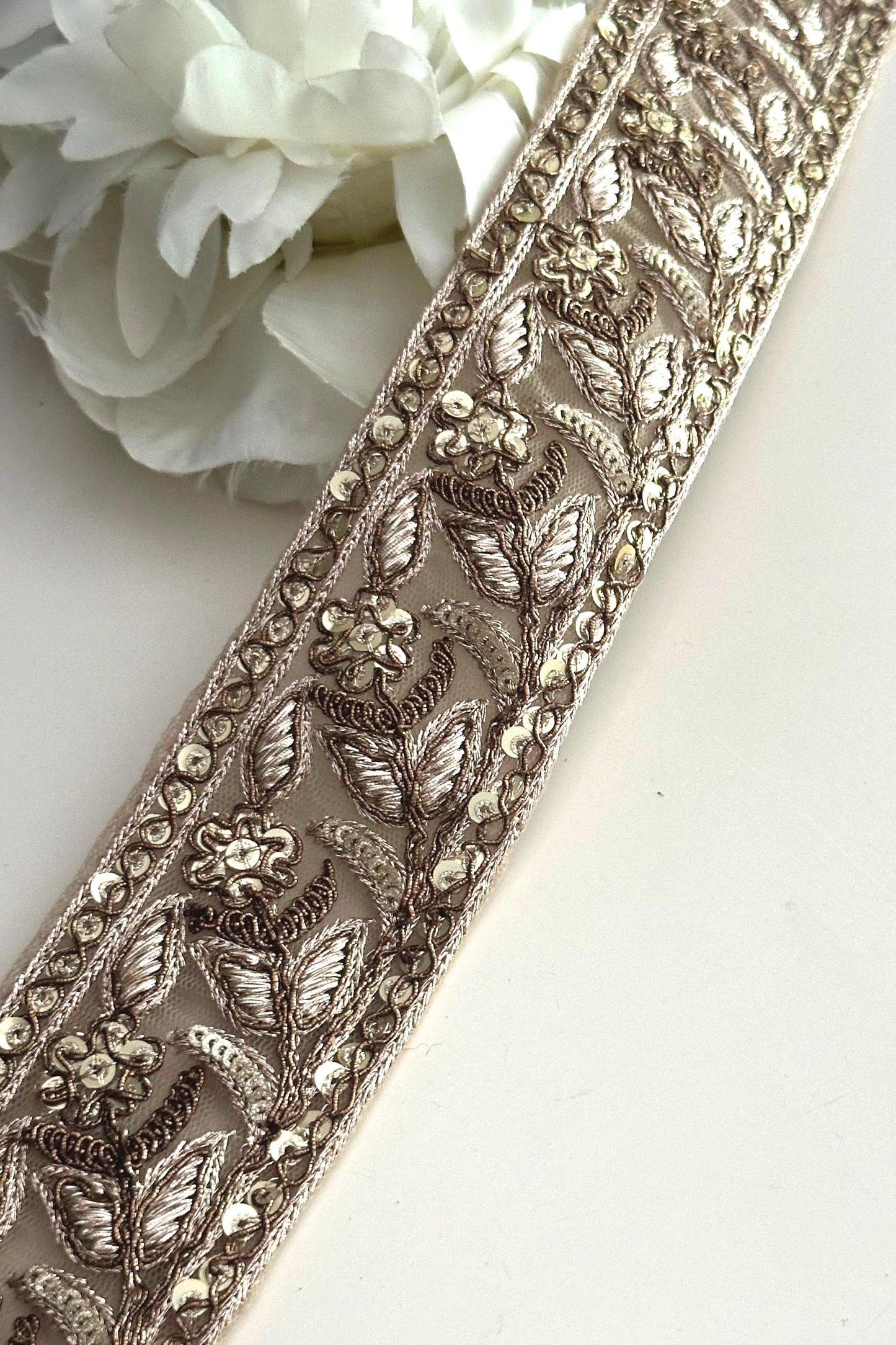 Antique Gold Flower Zari Embroidery & Sequin Embossed Trim Traditional Indian Ribbon
