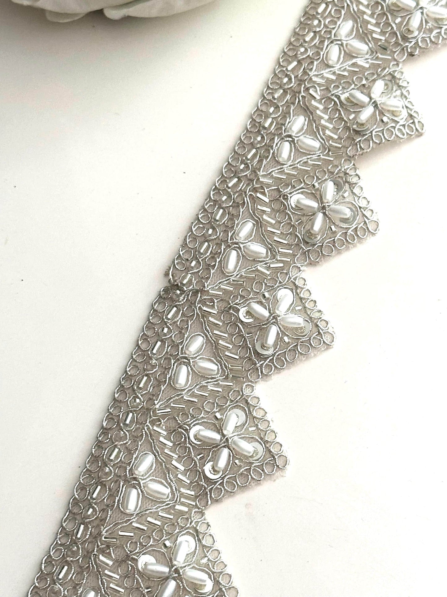 Silver Pearl Glass Bead Trim Zari Lace Indian Saree Border Embellished Lace