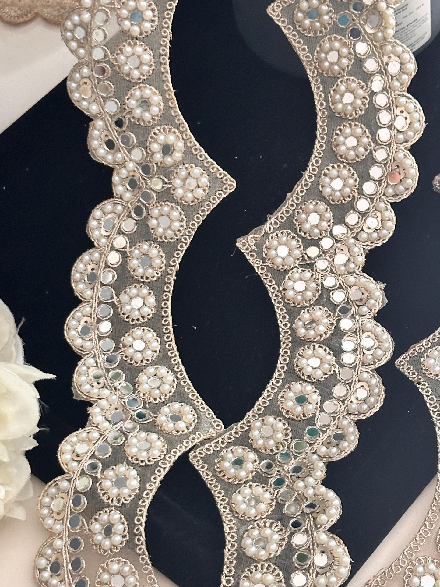 Scalloped Pale Gold Mirror Border 3cm Pearl Bead and mirror work
