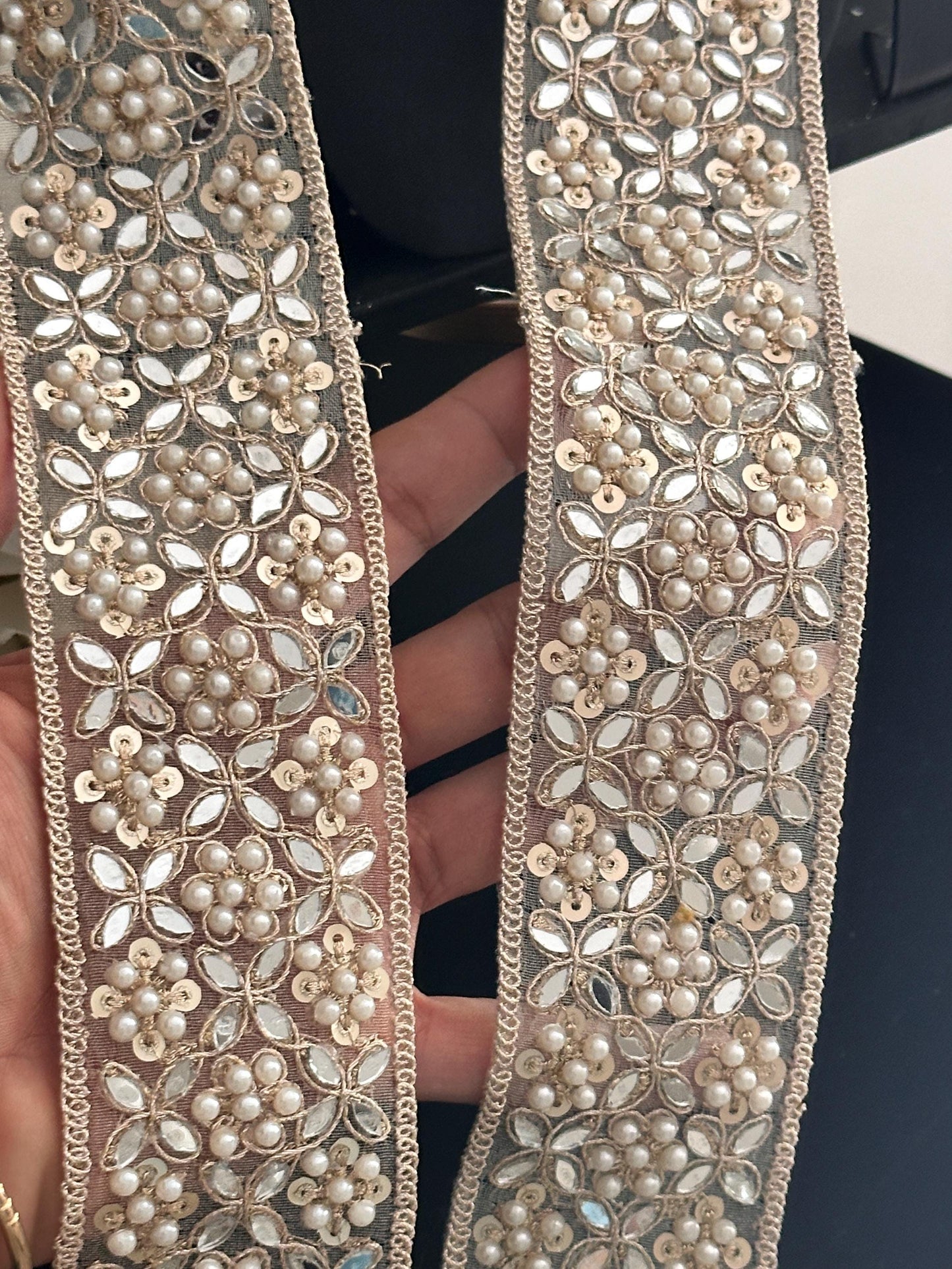 Broad Elegant White Pearl pale Zircon Gold Zari Work Lace Trim Stonework