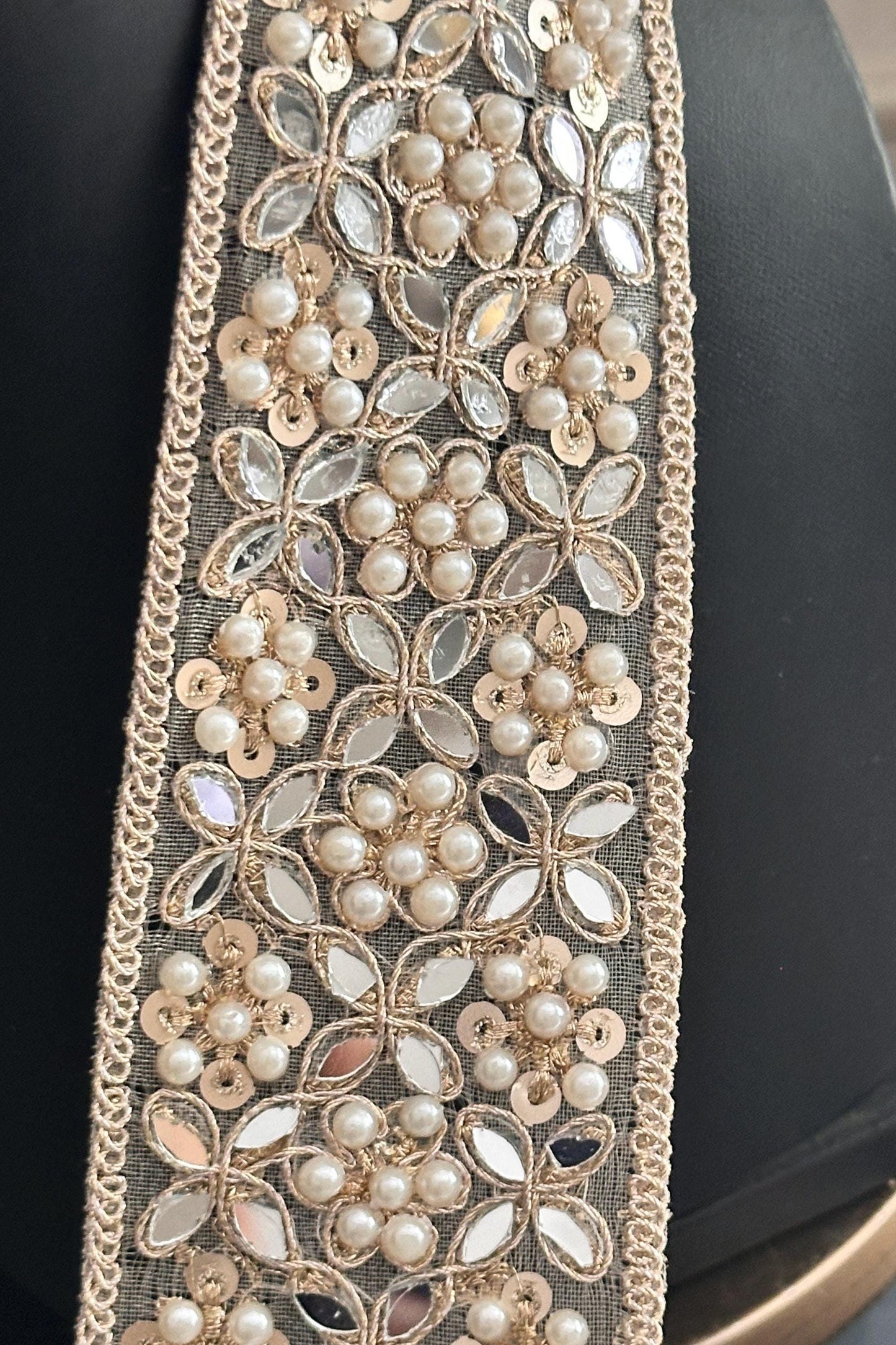 Broad Elegant White Pearl pale Zircon Gold Zari Work Lace Trim Stonework