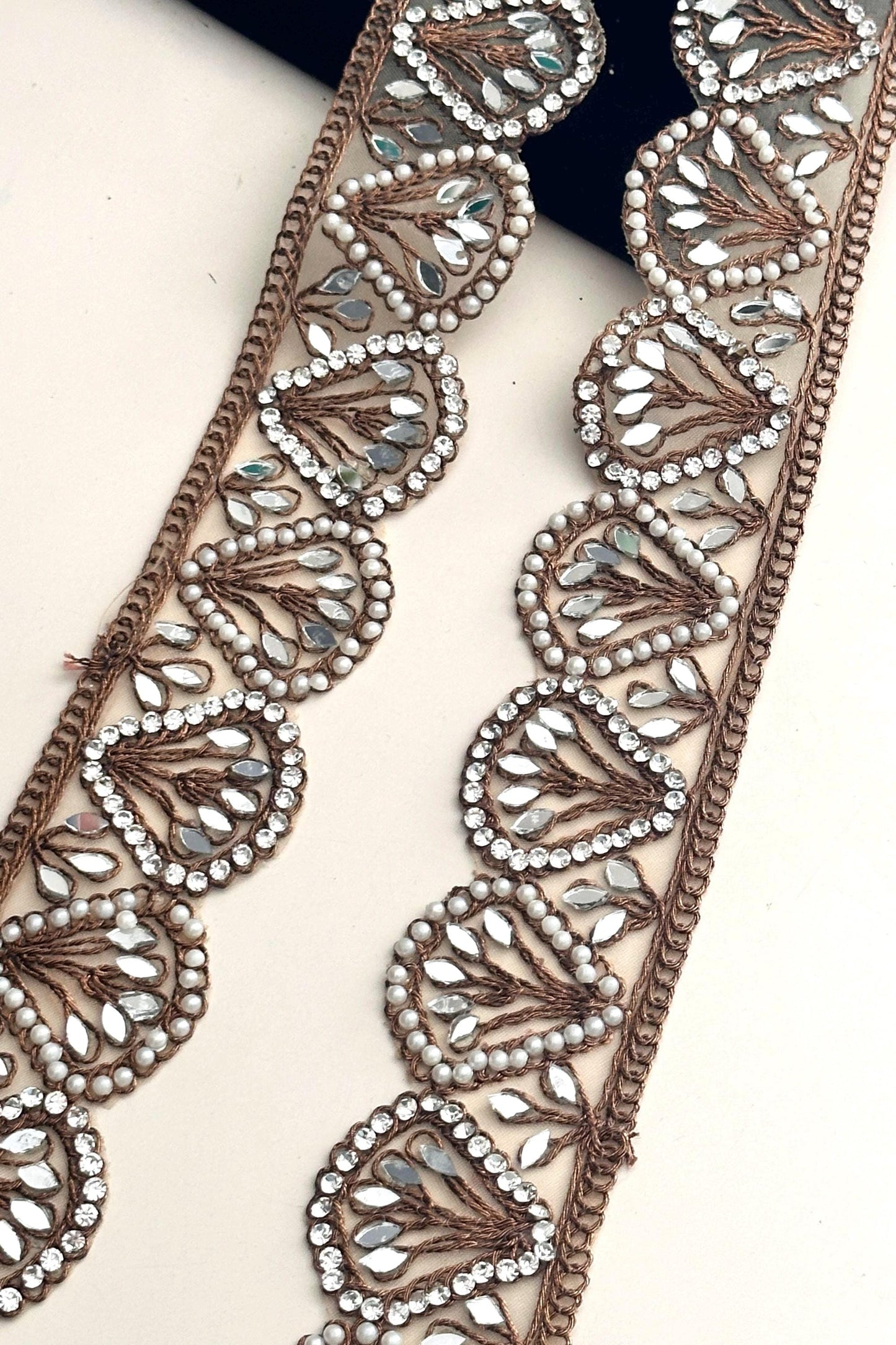 Antique Zari Work Pearl And Mirror Indian Trim Lace Sari Border DIY Wedding Sash