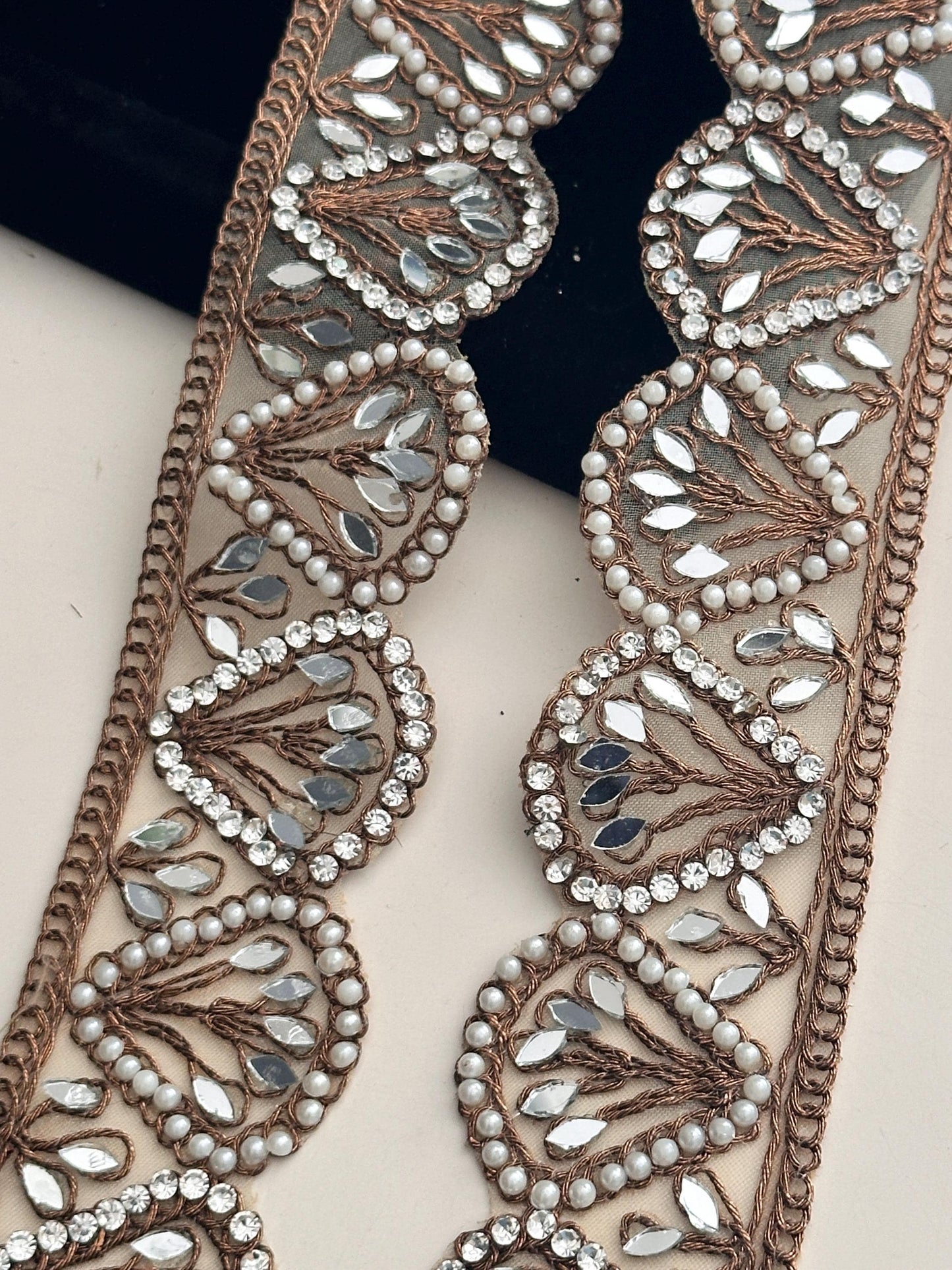 Antique Zari Work Pearl And Mirror Indian Trim Lace Sari Border DIY Wedding Sash