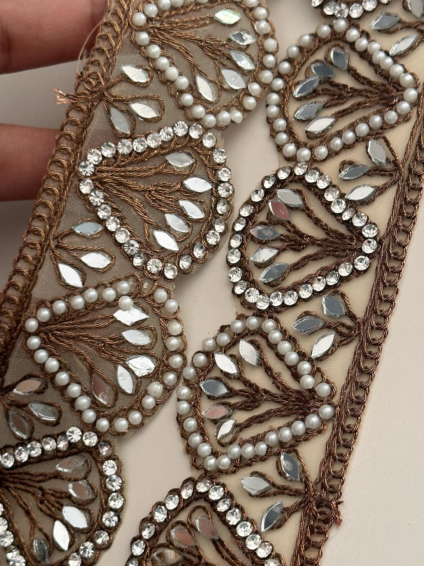 Antique Zari Work Pearl And Mirror Indian Trim Lace Sari Border DIY Wedding Sash