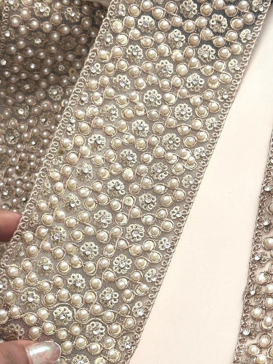 Pearl & Zircon Studded Zari Lace Gold