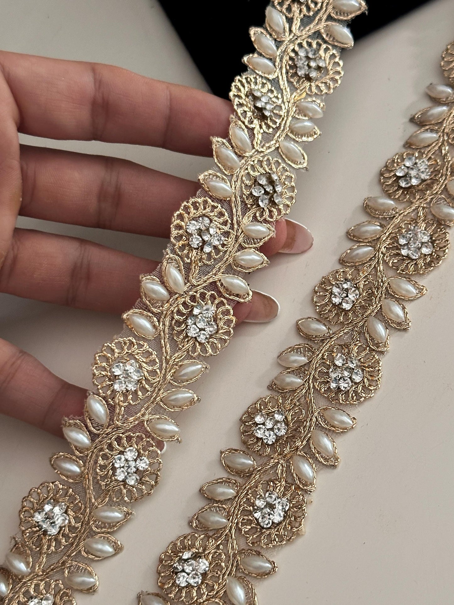 Pearl beaded lace trim with Rhinestone Thin Vine Bridal Sash Hair Accessory