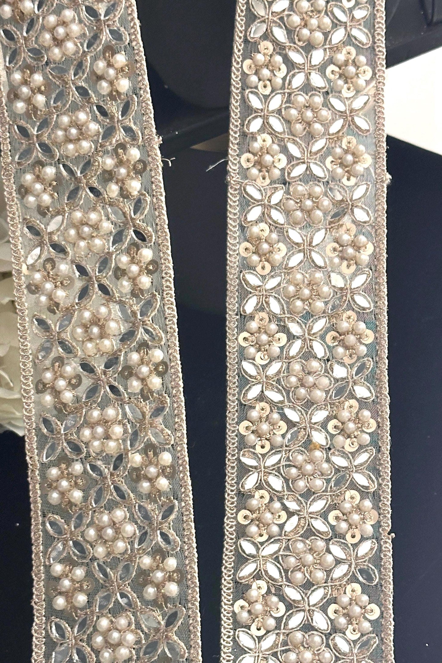 Broad Elegant White Pearl pale Zircon Gold Zari Work Lace Trim Stonework
