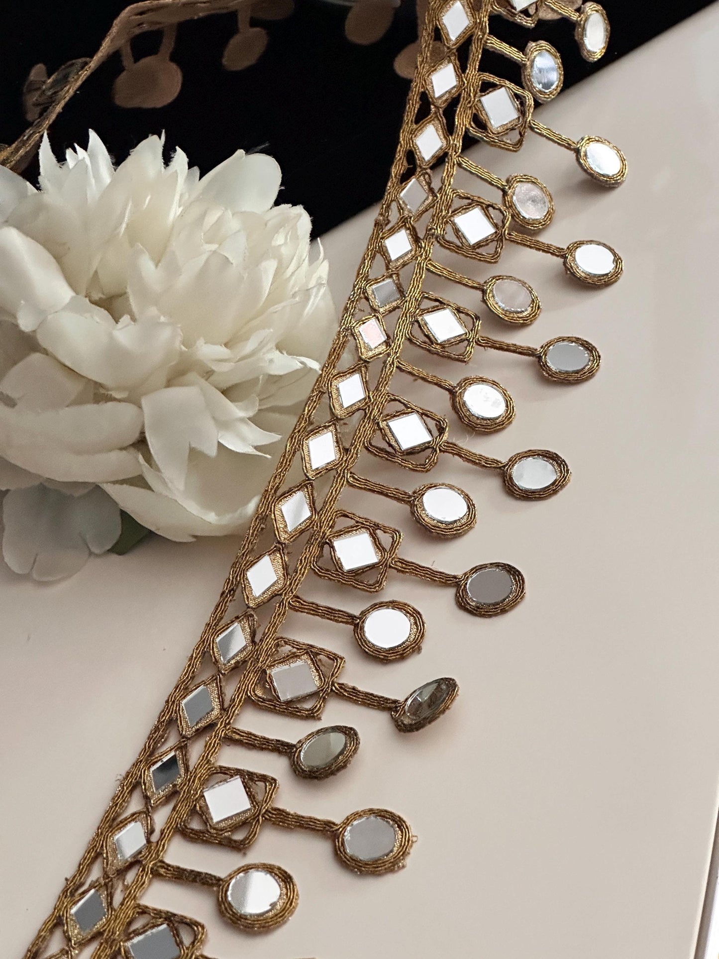 Mirror Belt Gold Hand Crafted Trim 7cm Suspended Mirror Band For Kaftan saree