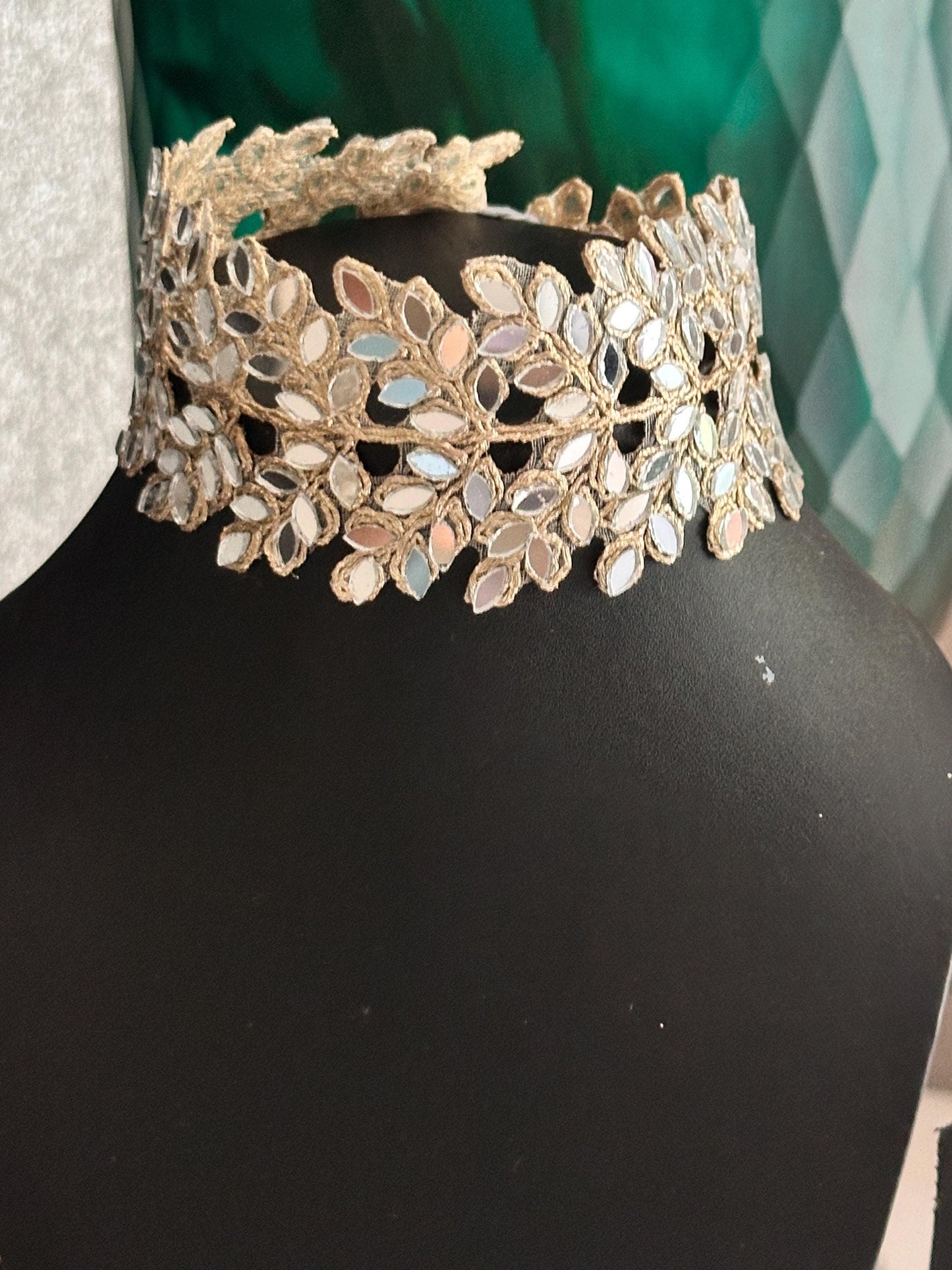 Mirror Metallic Gold Cutwork Vine Border Indian Embroidery Sari Trim Mirror Choker Waist Band 4.5cm