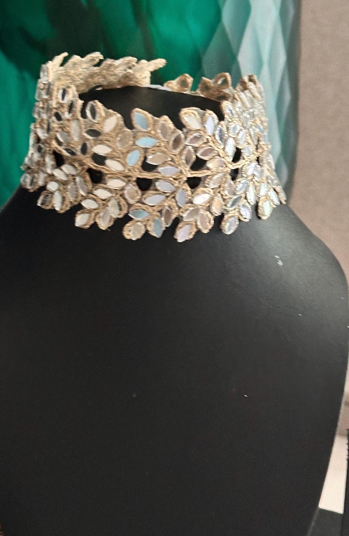 Mirror Metallic Gold Cutwork Vine Border Indian Embroidery Sari Trim Mirror Choker Waist Band 4.5cm