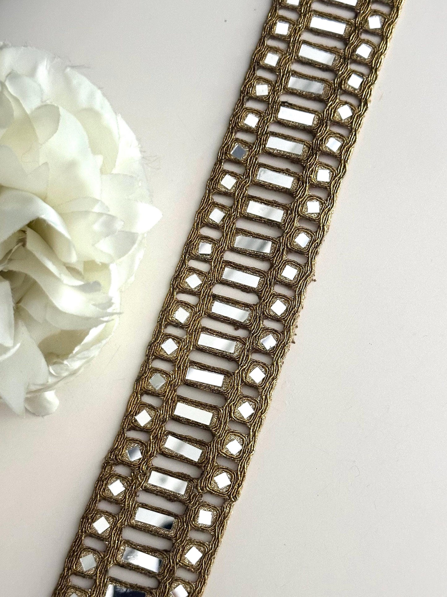 Indian Mirror Gold Hand Crafted Broad Mirror Work Border Jewelled Mirror Belts Kaftans