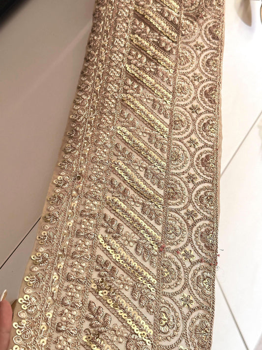 "Elegant broad lace trim with gold sequins and zari embroidery for bridal veils, gowns, and mother of the bride gift."