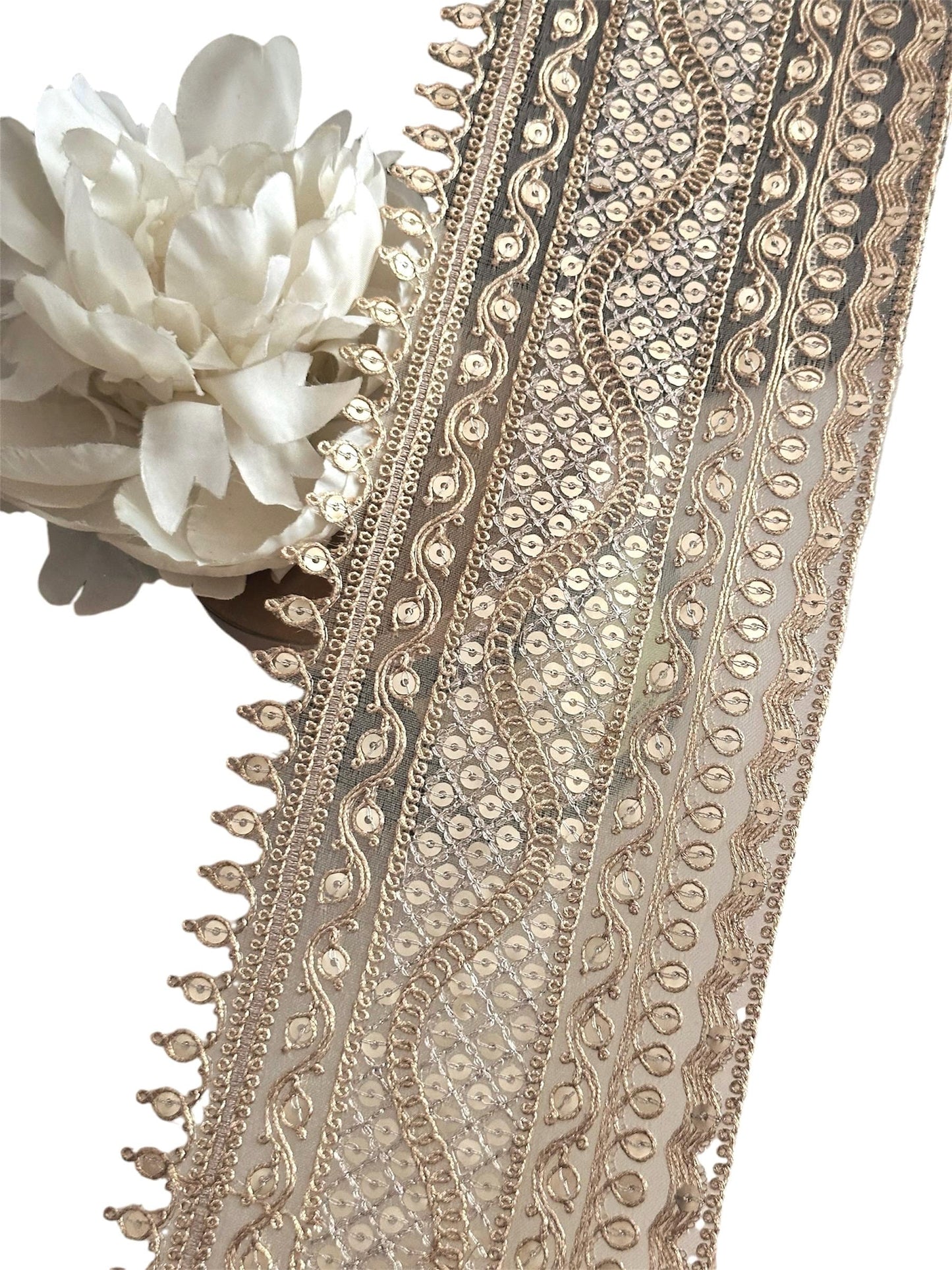 Bridal Veil Indian Zari Sequin Wedding Trim Scalloped Gold Sequin Work Floral Lace Trim