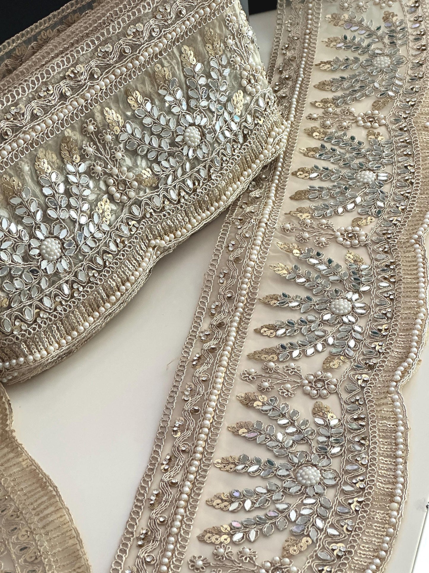 Bridal Veil Lace Floral Lace Applique Trim Pearl & Mirror Cathedral Veil
