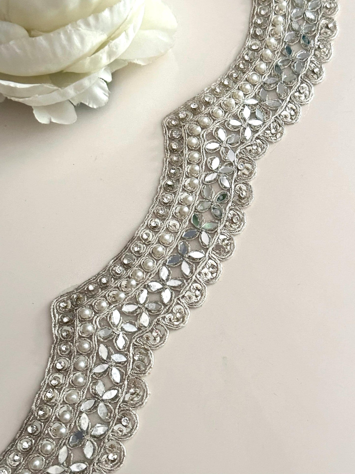Scalloped embellished indian embroidered border Pearl mirror and zircon