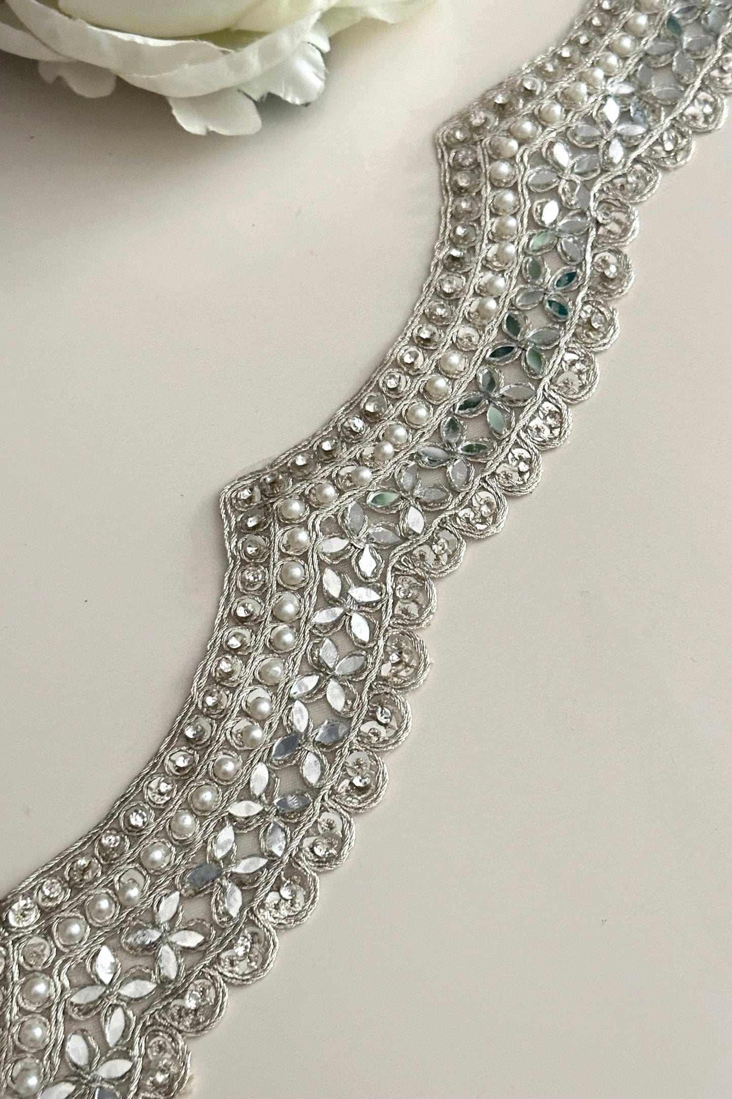 Scalloped embellished indian embroidered border Pearl mirror and zircon