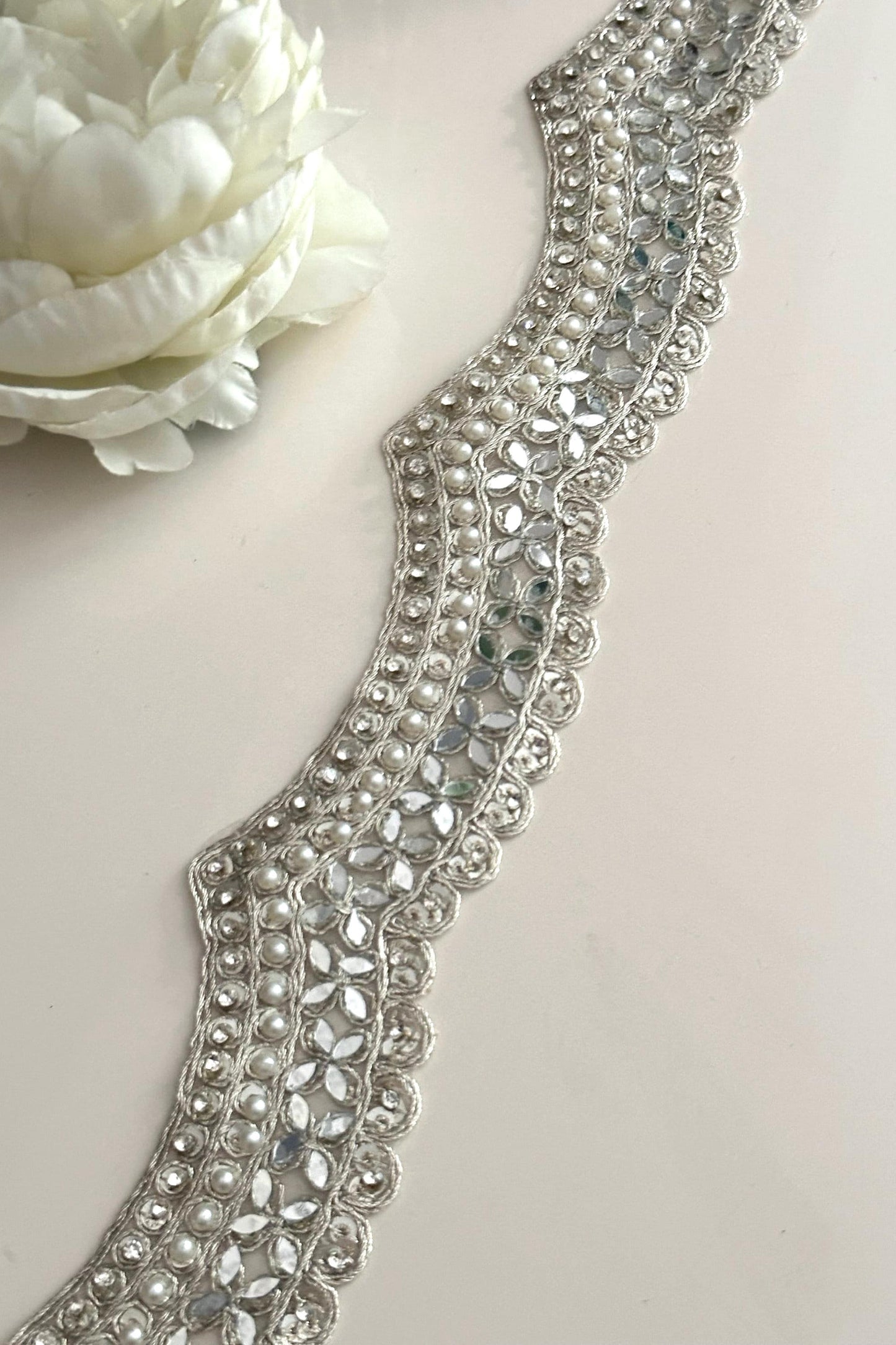 Scalloped embellished indian embroidered border Pearl mirror and zircon