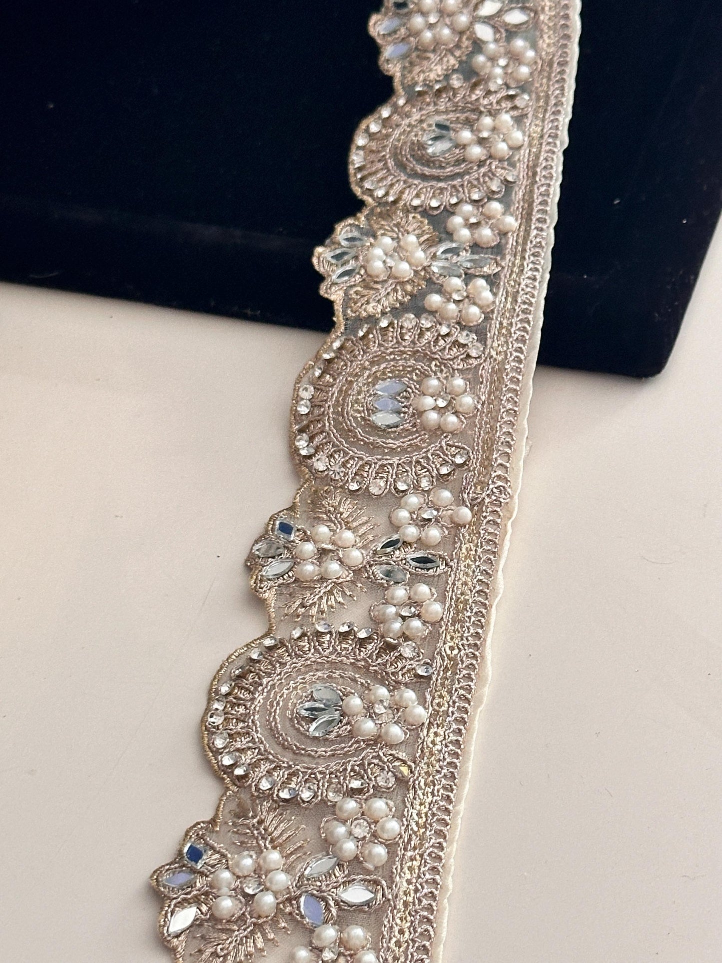 Luxury Light Pearl Zircon Embroidery Sari Border Edging Trim Wedding Dress Lace