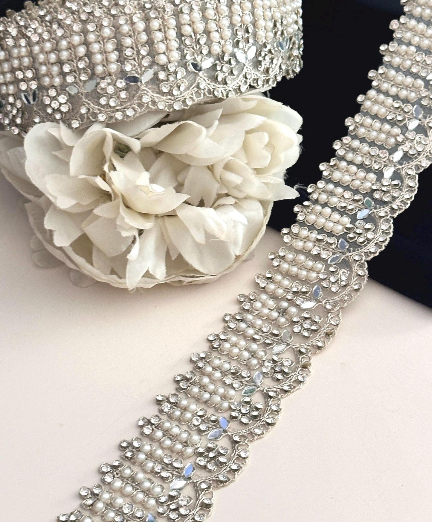 Light Gold crystal zircon mirror embellish Trim Indian Embroidered border