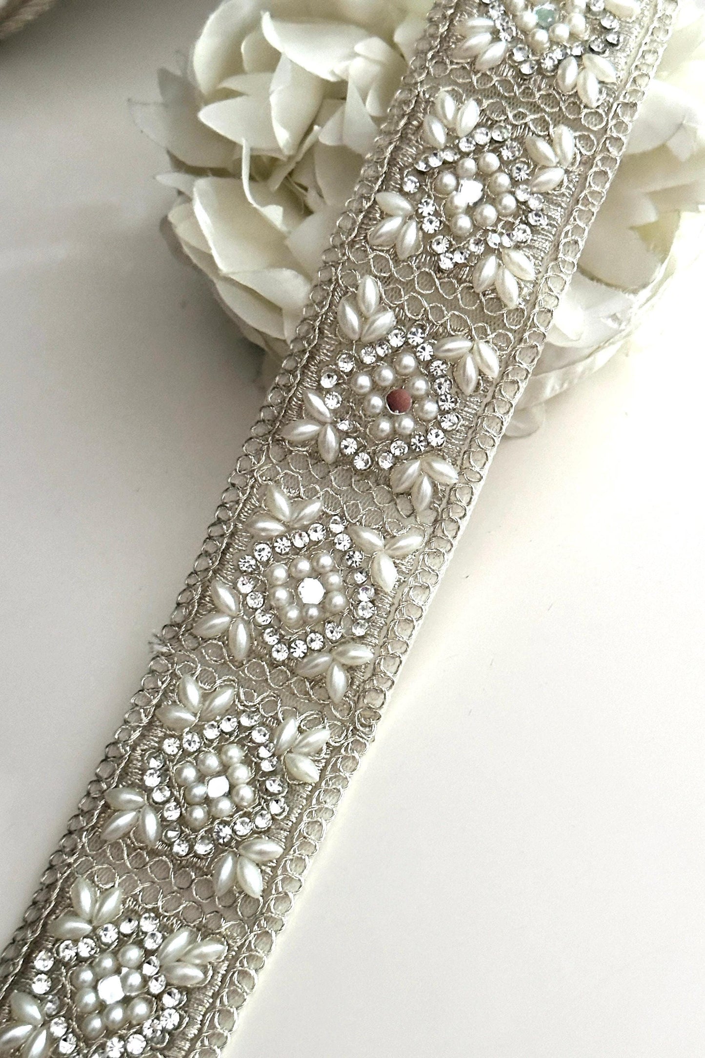 Silver pearl and crystal zircon 4.5cm embellished Indian border By yard sari trim