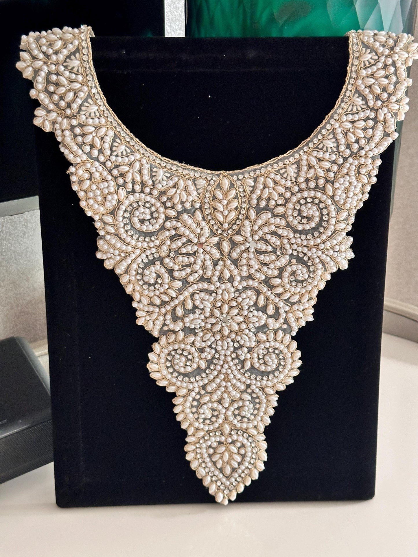 Pearl Beaded Neckline Patch Minimalist Indian Applique Costume Patch