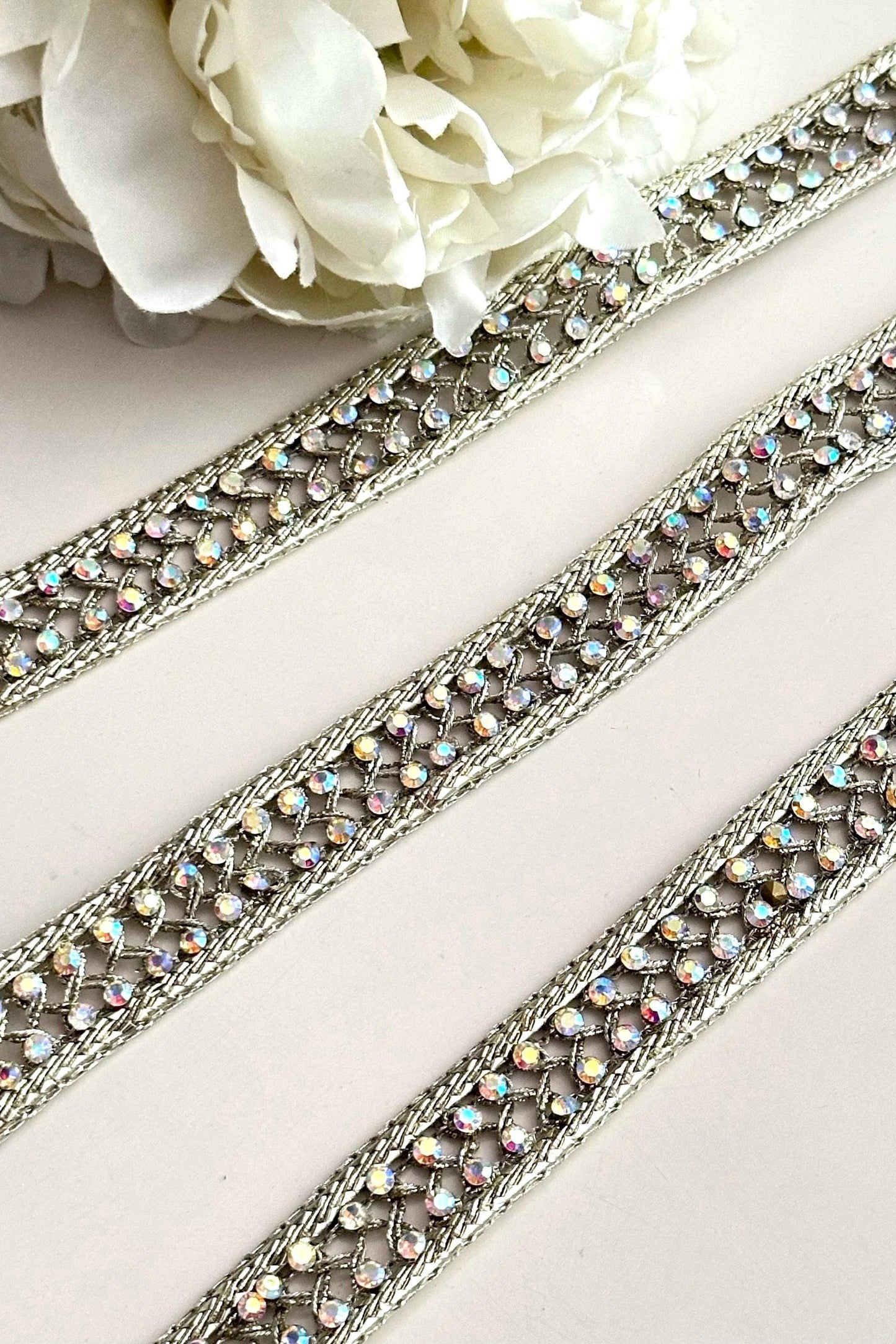 Rainbow Colour Zircon Stone Ribbon Lace trim Light Gold Zari Thread for Festive wear Christmas decor Gifting Idea Headband Lace Sew on trim