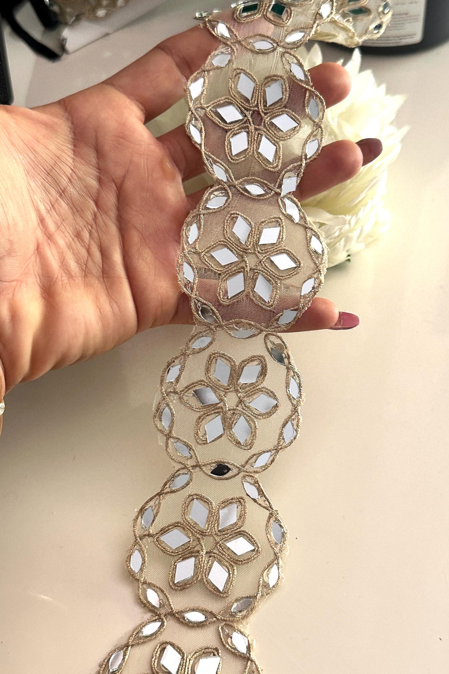 Mirror Choker Bands Tulle Fabric Trim Hand Beaded Costume Add on Festive Outfit