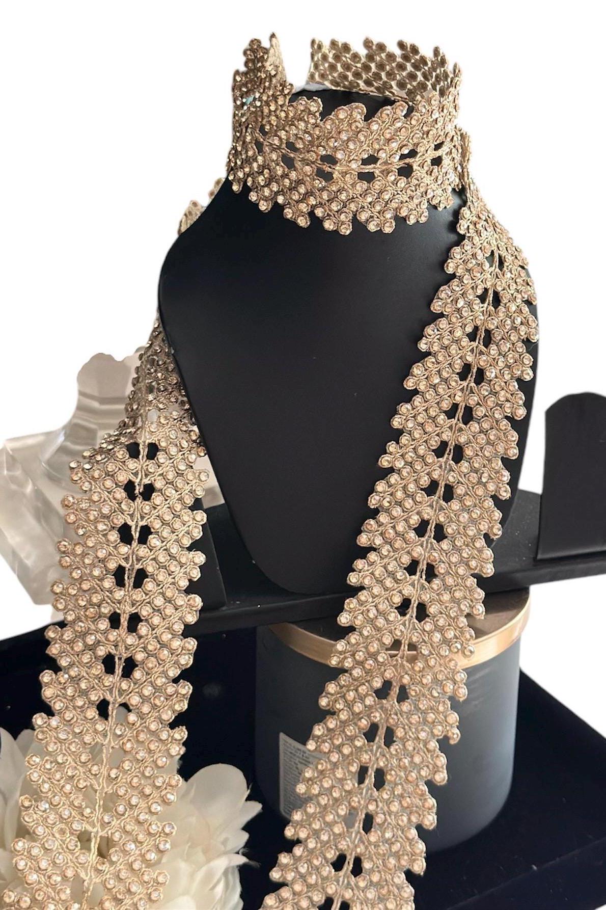 Fabric mirror broad Gold trim Rhinestones Trim Beaded Lace Embellished Broad Lace