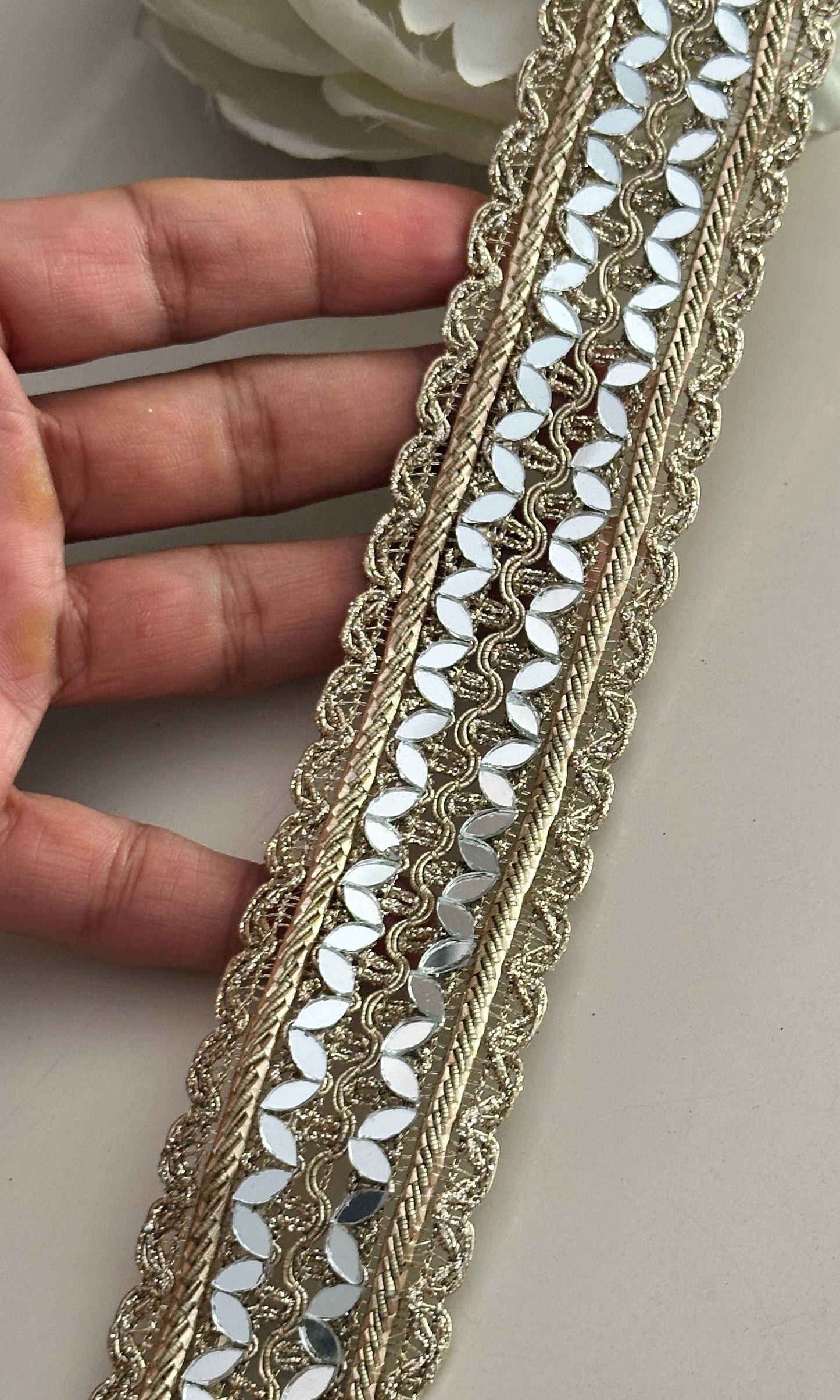 Handmade Gold Sari Zari Trim Festive & party Clothing add on Mirror Lace