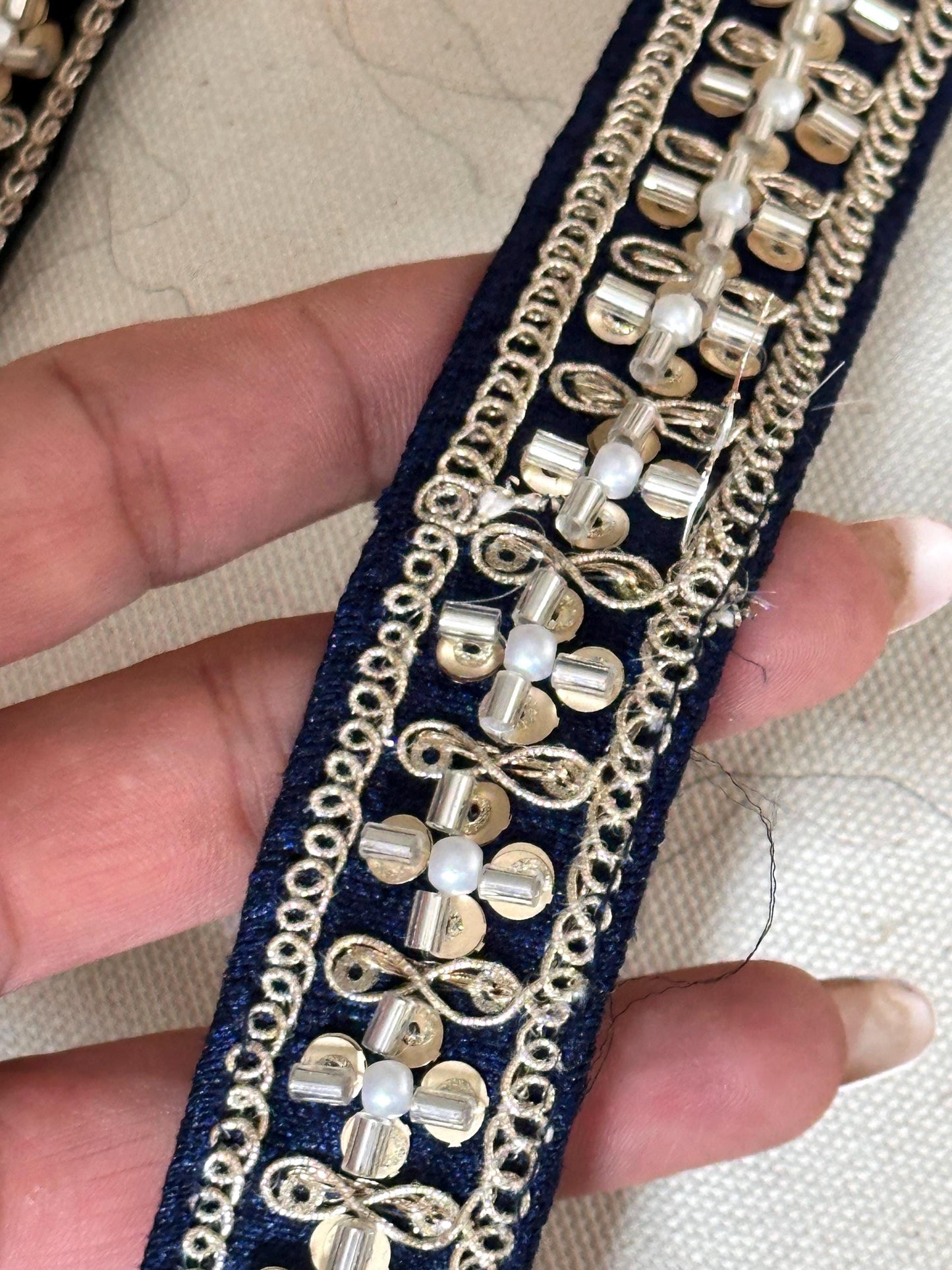 Indian Fabric Trim Gold Glass Bead Floral Pattern Edging Dupatta Ribbon Embellished Fabric Trim