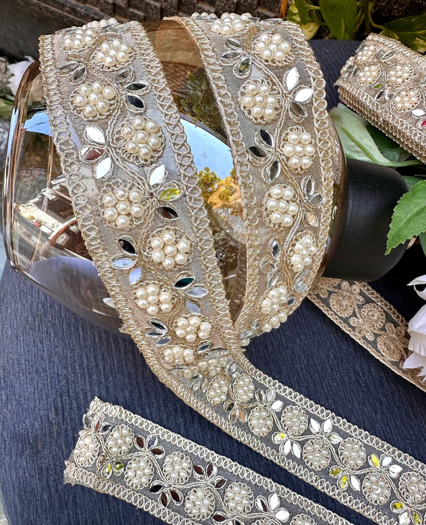Pearl Gold Indian Embroidered Mirror Work Trim Zari Embroidery Vine Pattern