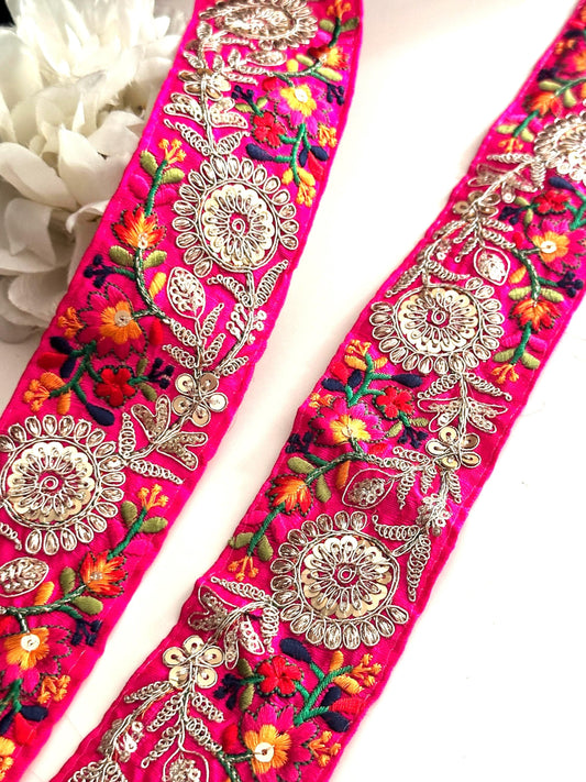 Embroidered Ribbon Boho Zari Trim Red Pink