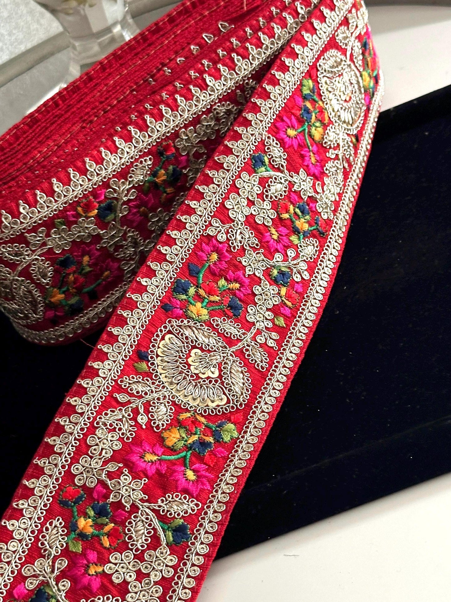 8cm Indian Embroidered Ribbon Boho Zari Decorative Trim With Sequence Thread Work