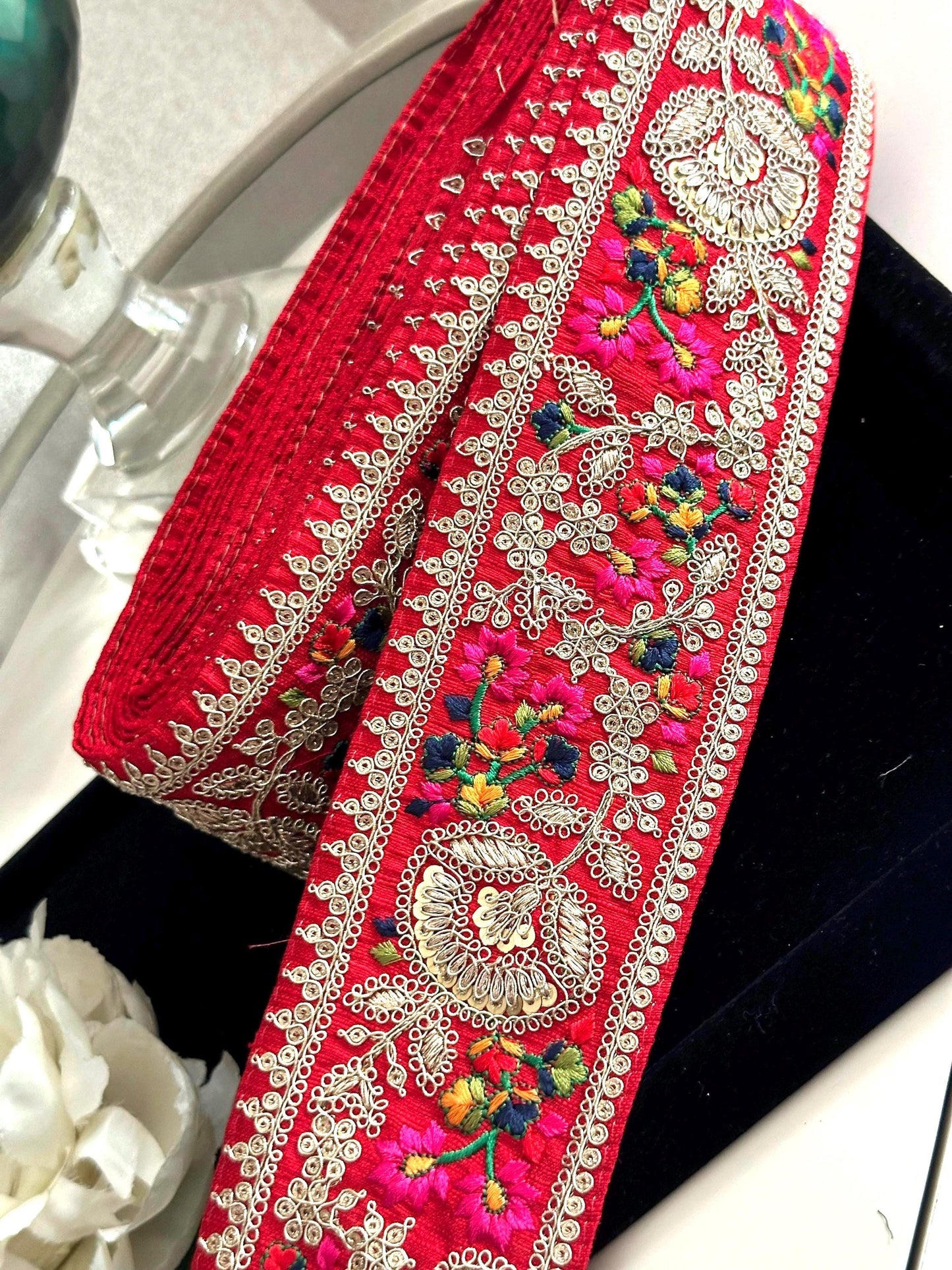 8cm Indian Embroidered Ribbon Boho Zari Decorative Trim With Sequence Thread Work