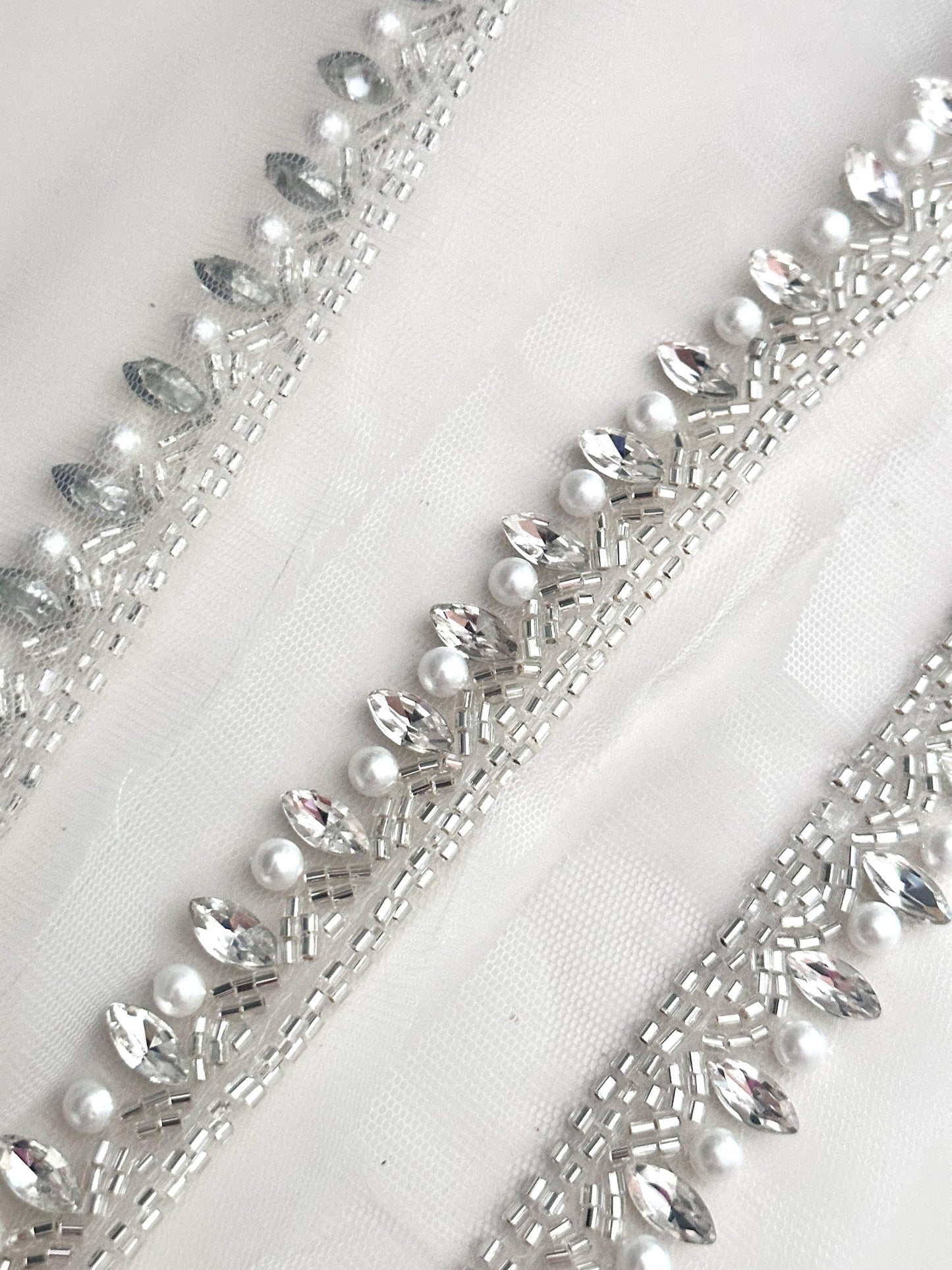 Metallic Silver Crystal Rhinestone Beaded Lace Applique Handmade Bridal Rhinestone Lace