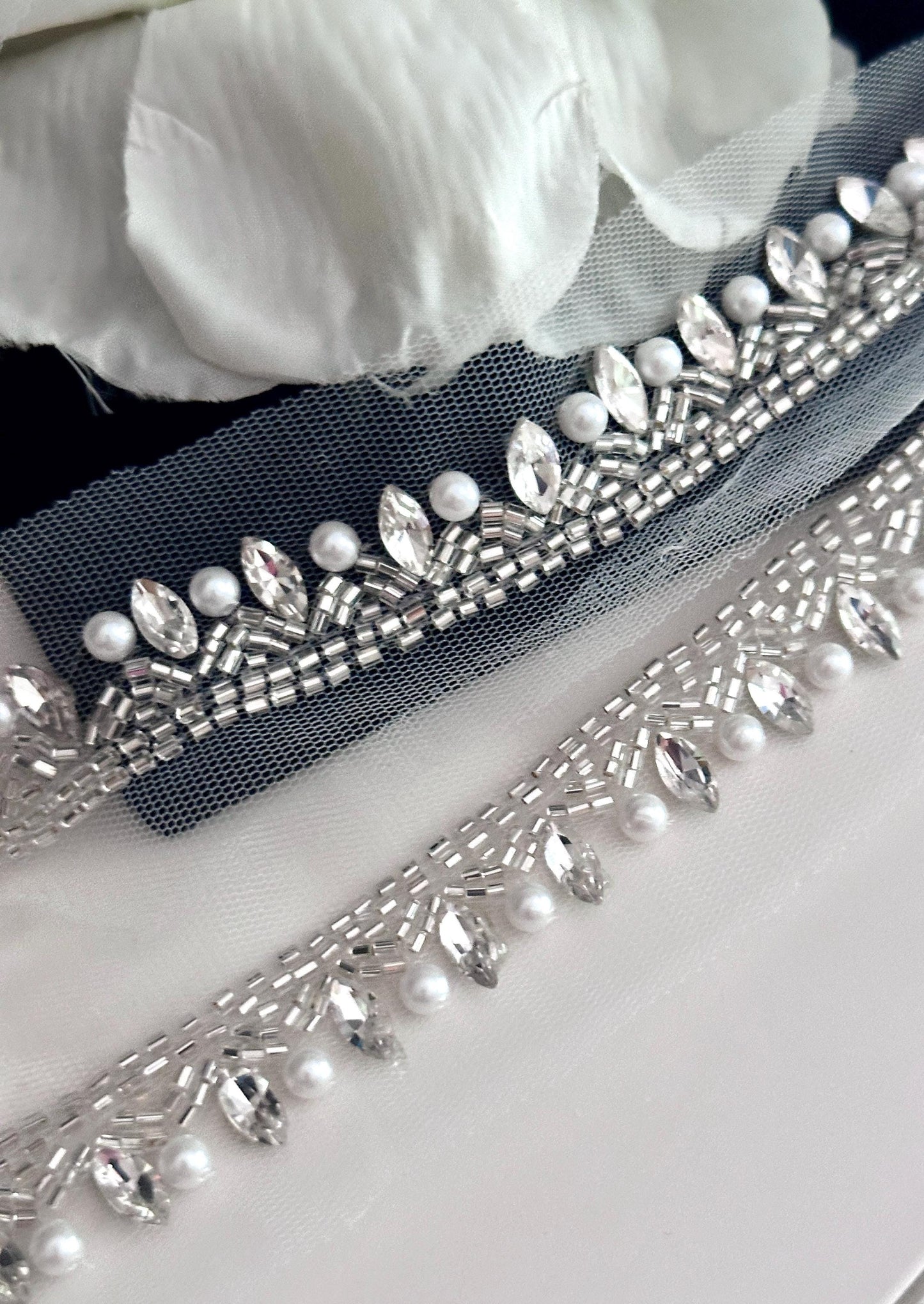 Metallic Silver Crystal Rhinestone Beaded Lace Applique Handmade Bridal Rhinestone Lace