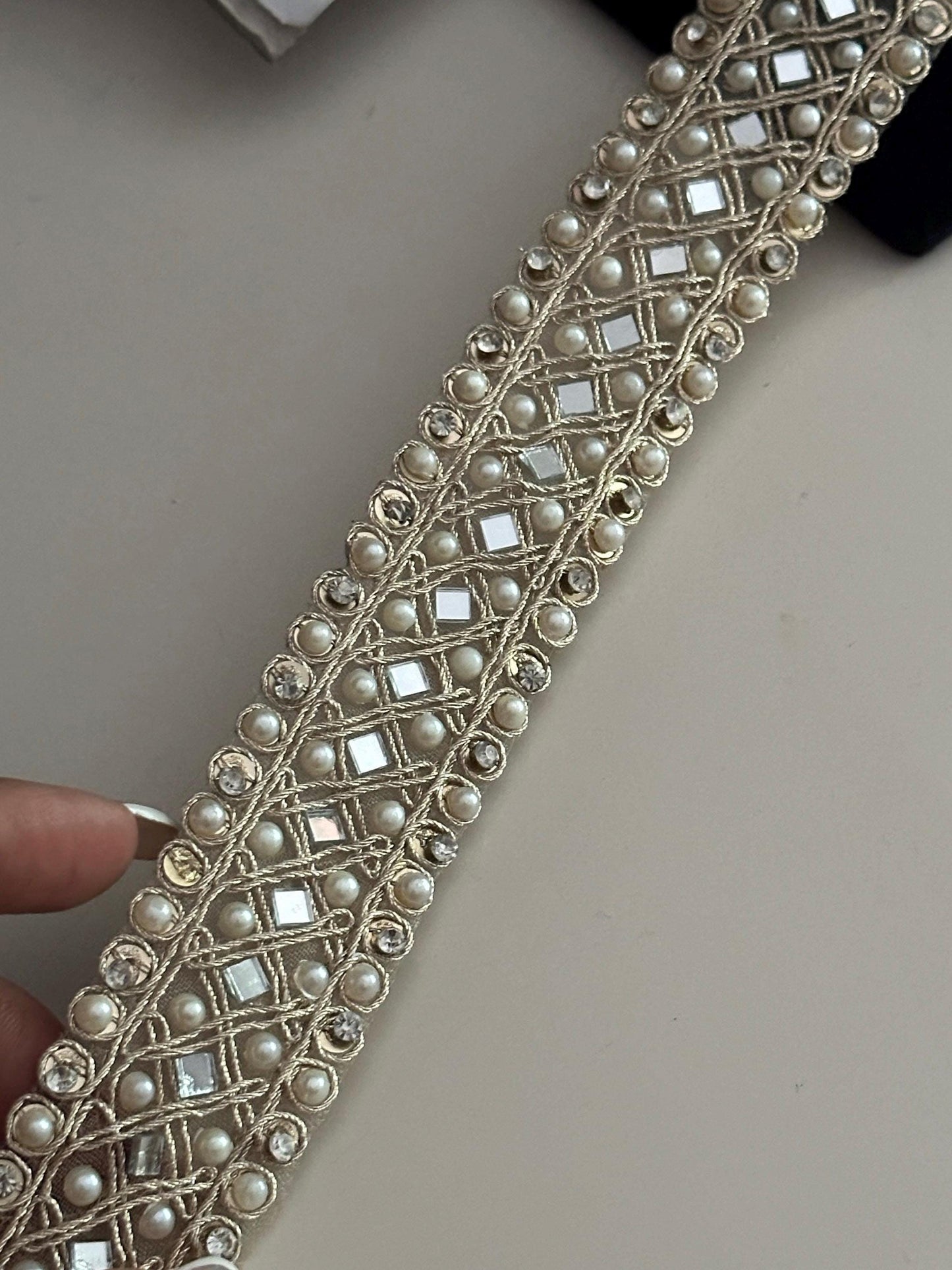 Golden Real Mirror Trim 3cm with Pearls Glamourous Dress Embellishment Lace
