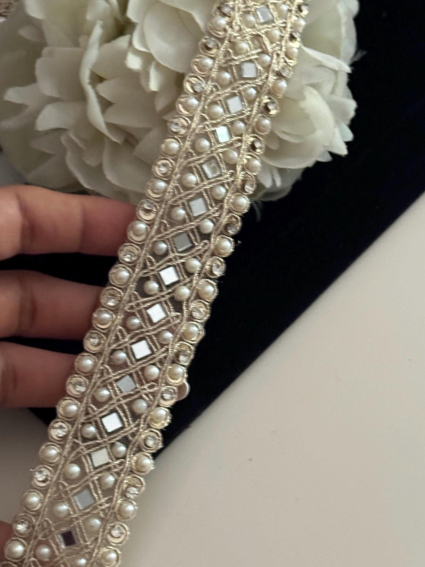 Golden Real Mirror Trim 3cm with Pearls Glamourous Dress Embellishment Lace