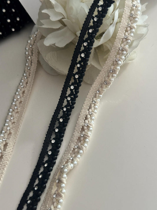 Faux Pearl Tassel Fringe Lace Black