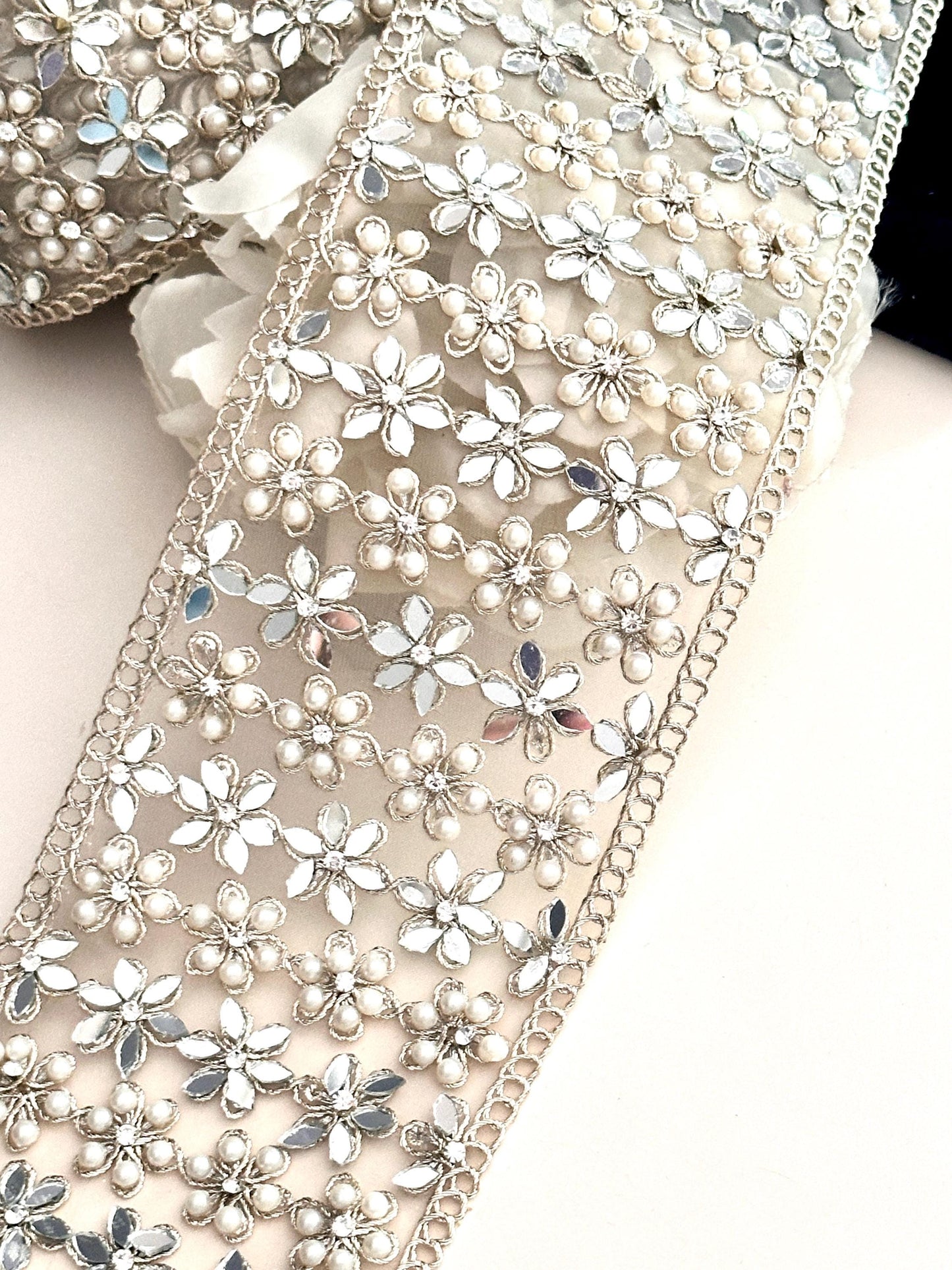 Pearl Mirror Embellished zircon lace trim Gold Flower Pattern Sari Ribbon